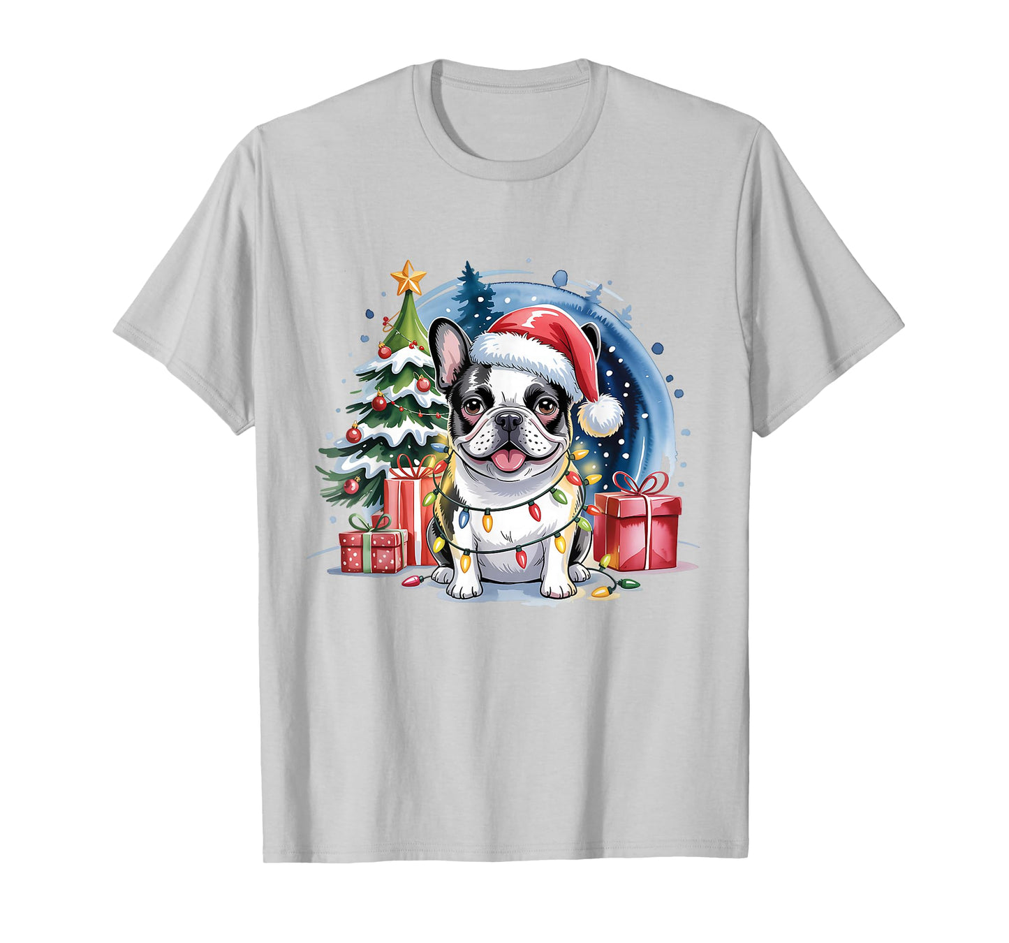 Festive French Bulldog Christmas Santa Hat and Lights T-Shirt