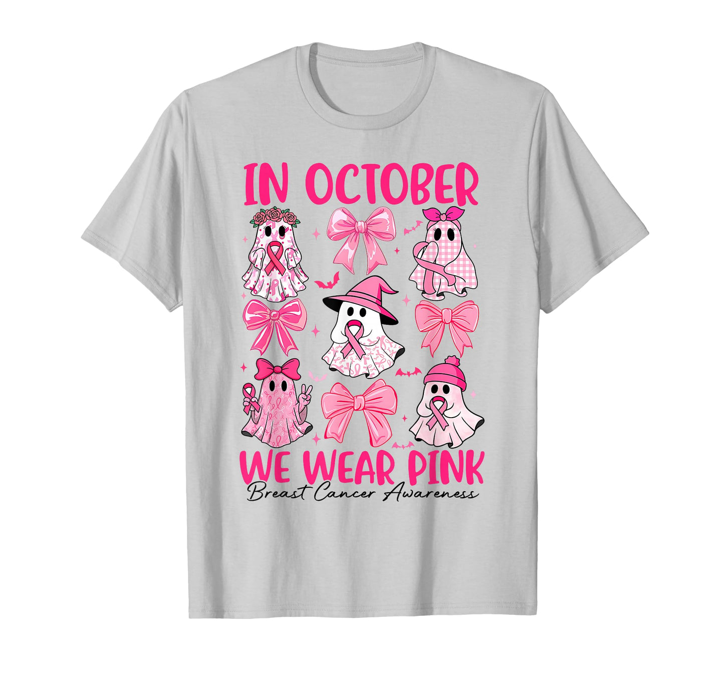 in October We Wear Pink Ghost Witch Breast Cancer Awareness T-Shirt
