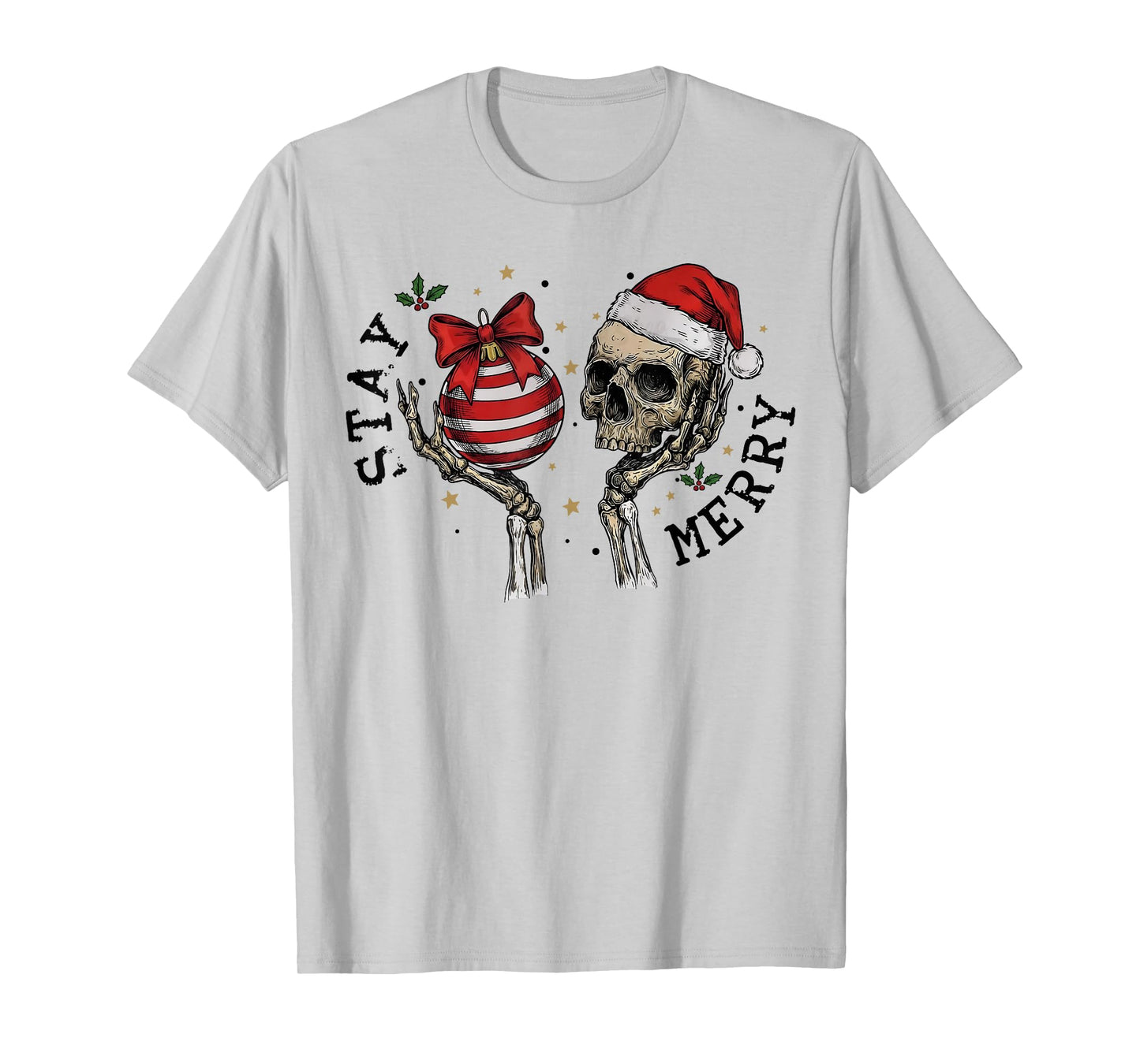 Retro Stay Merry Skeleton Santa Christmas Xmas Pajamas T-Shirt