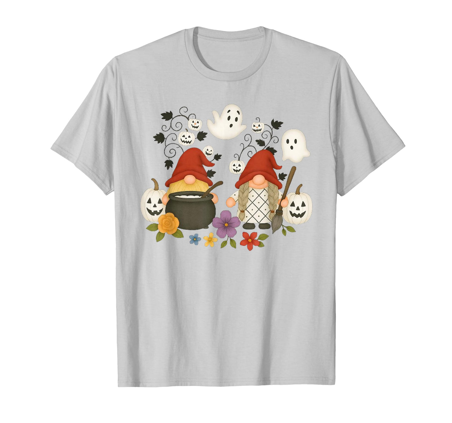 Funny Gnome Halloween with Pumpkin Ghost Leopard Design T-Shirt