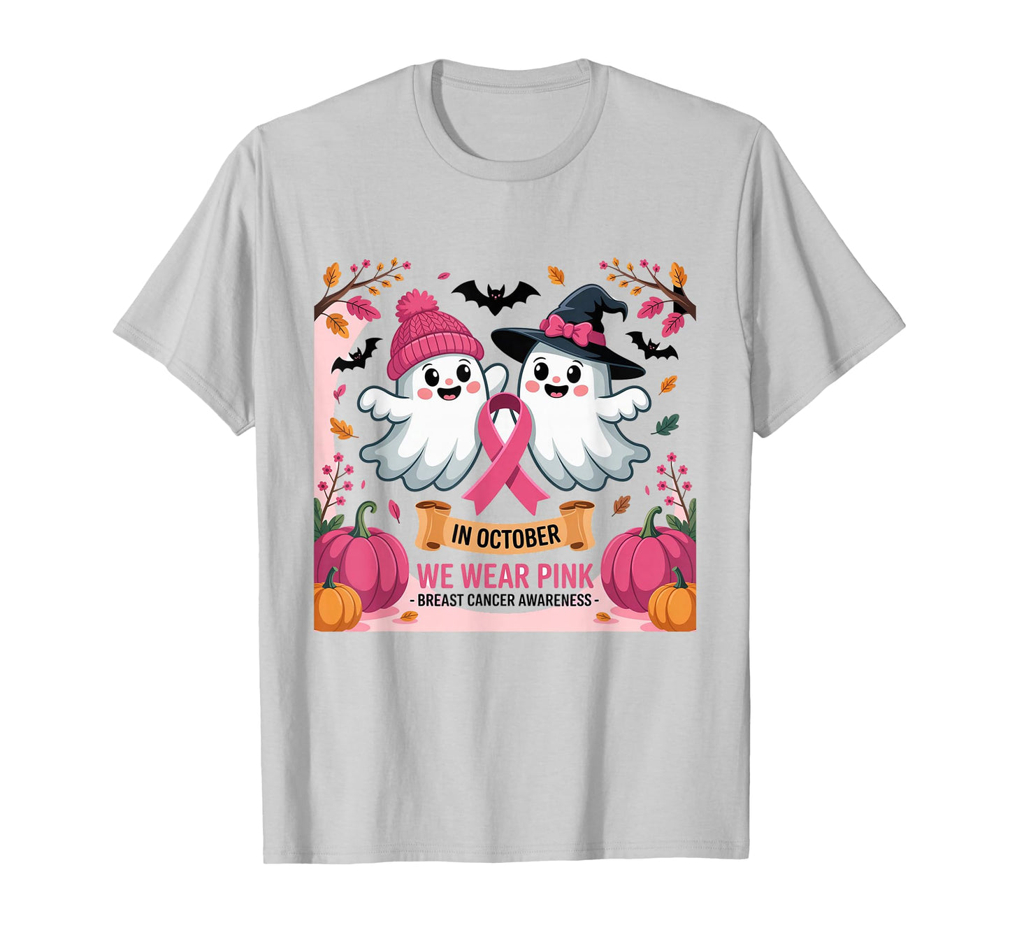 in October We Wear Pink Ghost Witch Breast Cancer Awareness T-Shirt