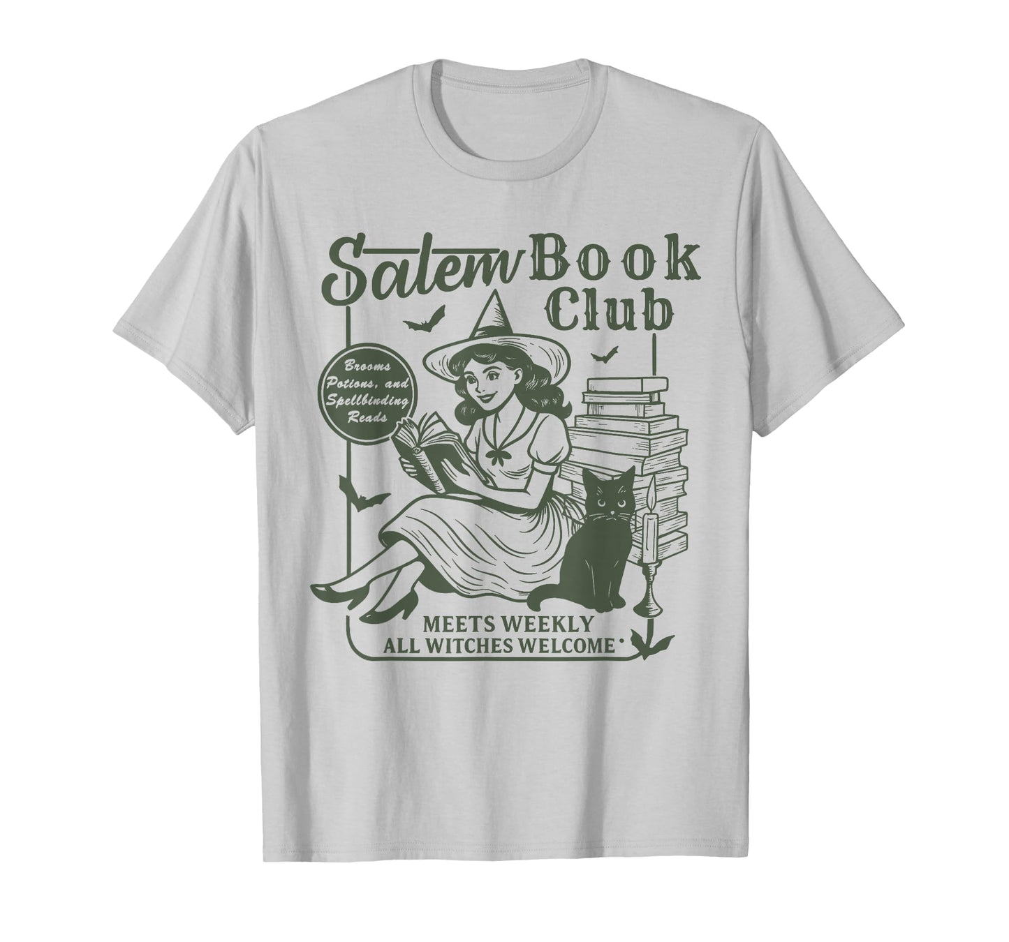 Vintage Salem Book Club Witch Reading Black Cat Halloween T-Shirt