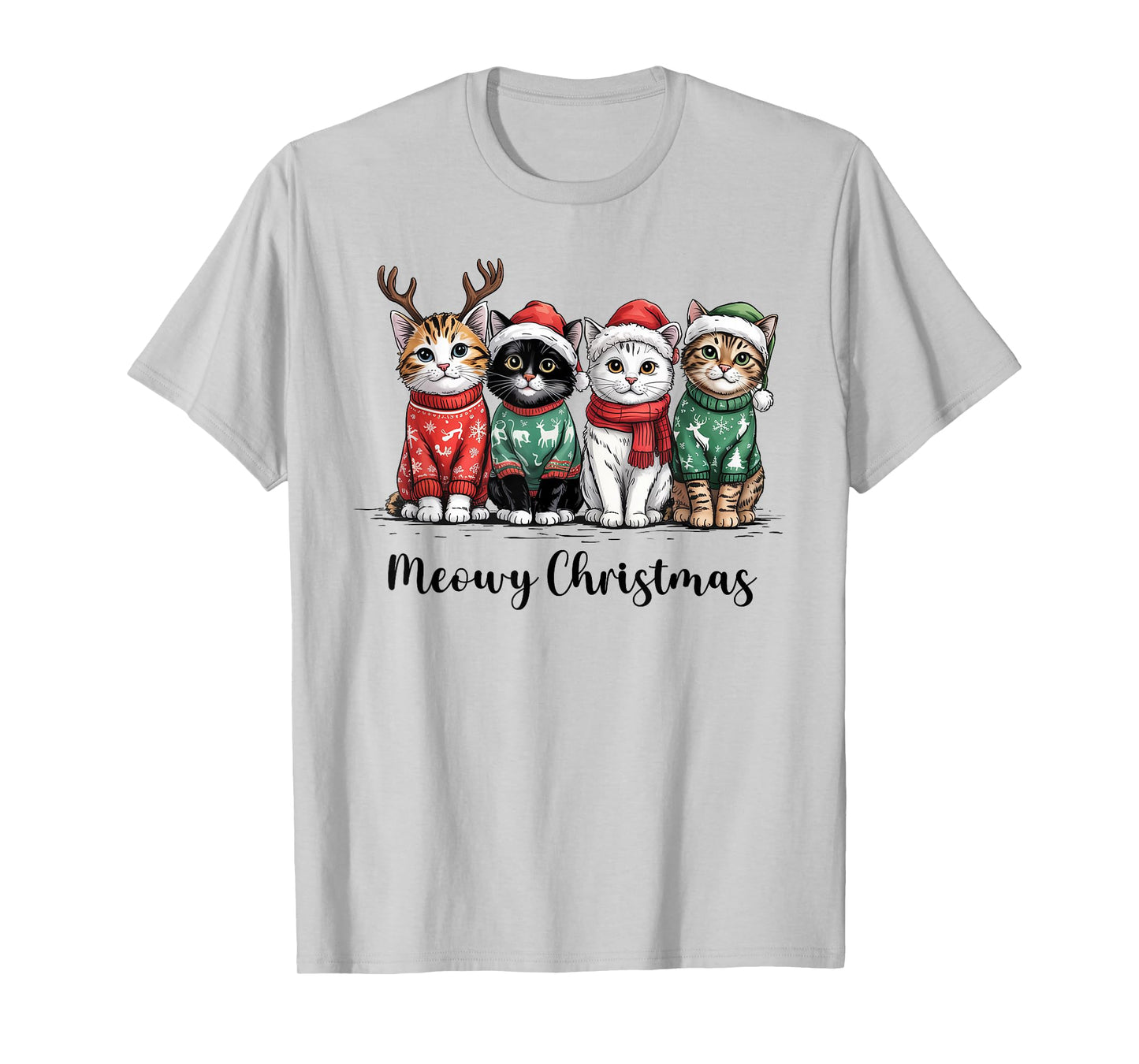 Meowy Christmas Cat Ugly Christmas Cat Reindeer Santa Xmas T-Shirt