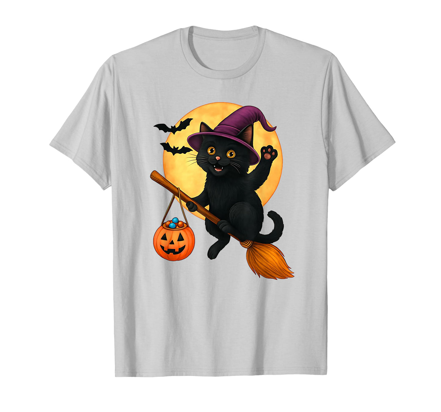 Black Cat Witch Hat Pumpkin Halloween Costume Men Women Kids T-Shirt