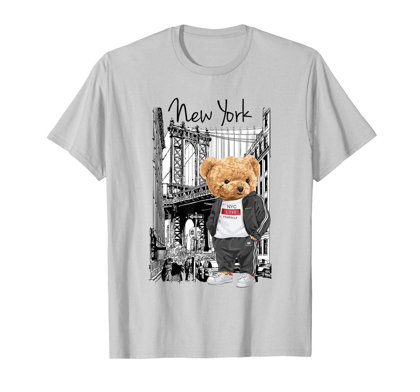 Bahaa's Tee Unisex-Kids Grey Cartoon Teddy Bear NYC Graphic T-Shirt