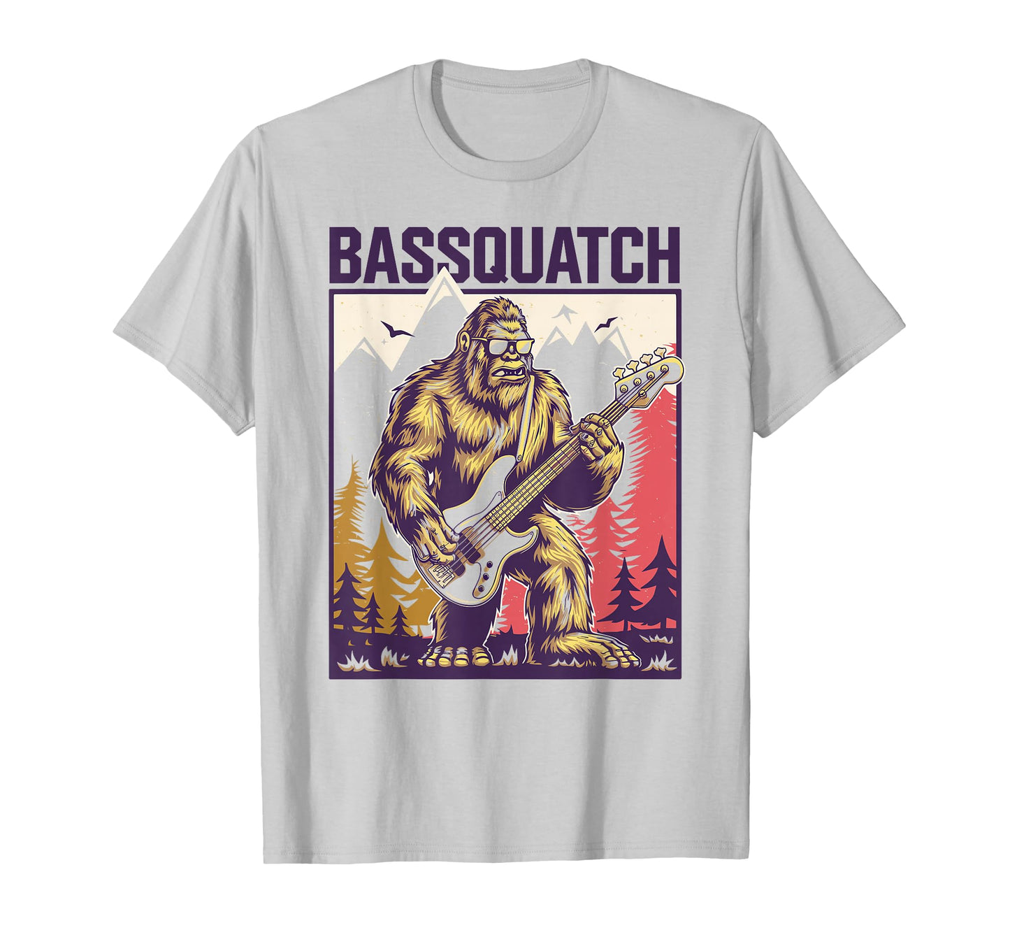 C.J.'s Cryptid Sasquatch Bigfoot Bass Guitar Gifts Bassquatch, Bigfoot Bass Guitar Sasquatch Adult Men's Yellow Cartoon Bigfoot Themed T-Shirt
