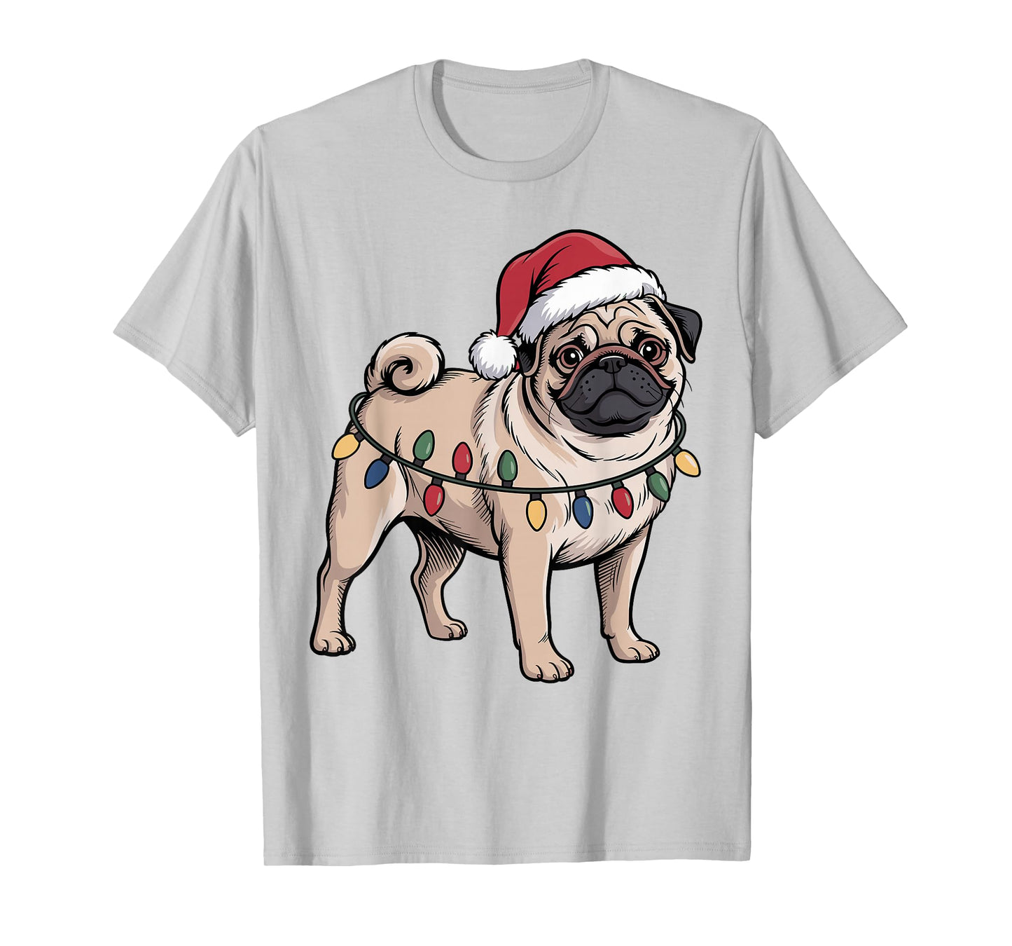 Funny Pug Christmas Santa Hat Xmas Lights T-Shirt