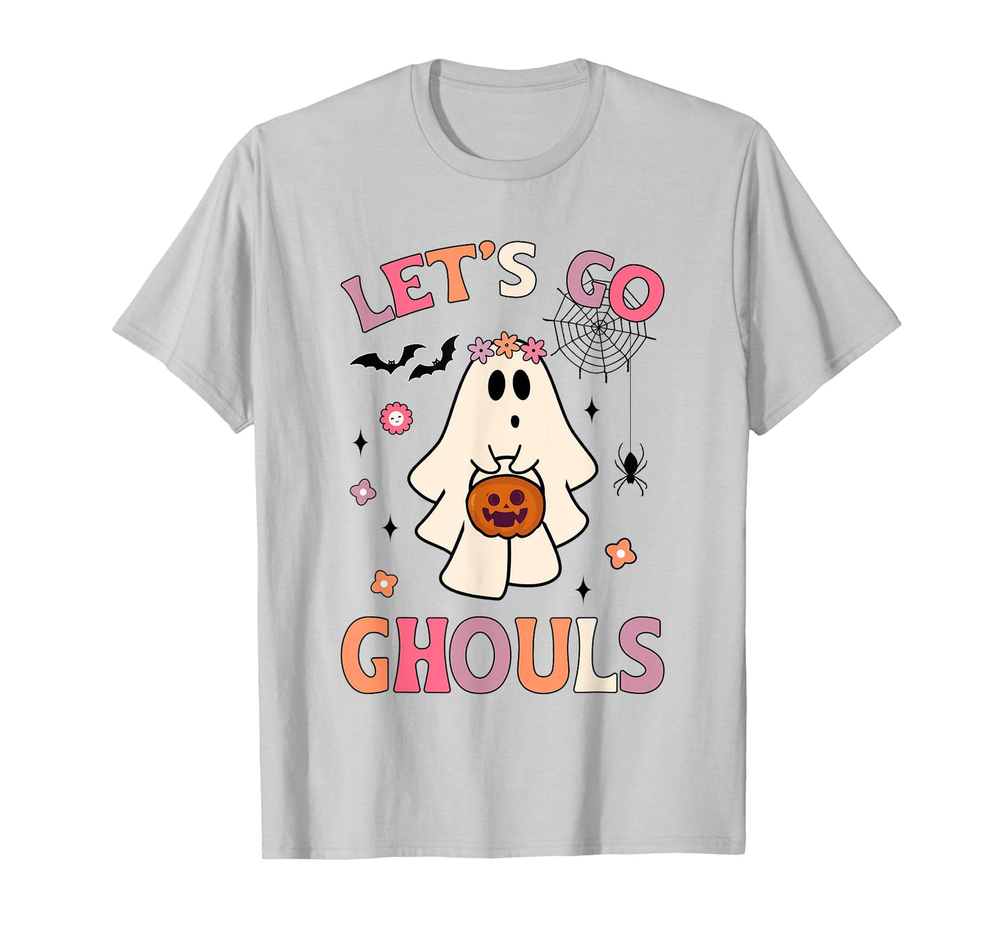 Halloween Ghost Holding Pumpkin Let's Go Ghouls Retro Groovy T-Shirt