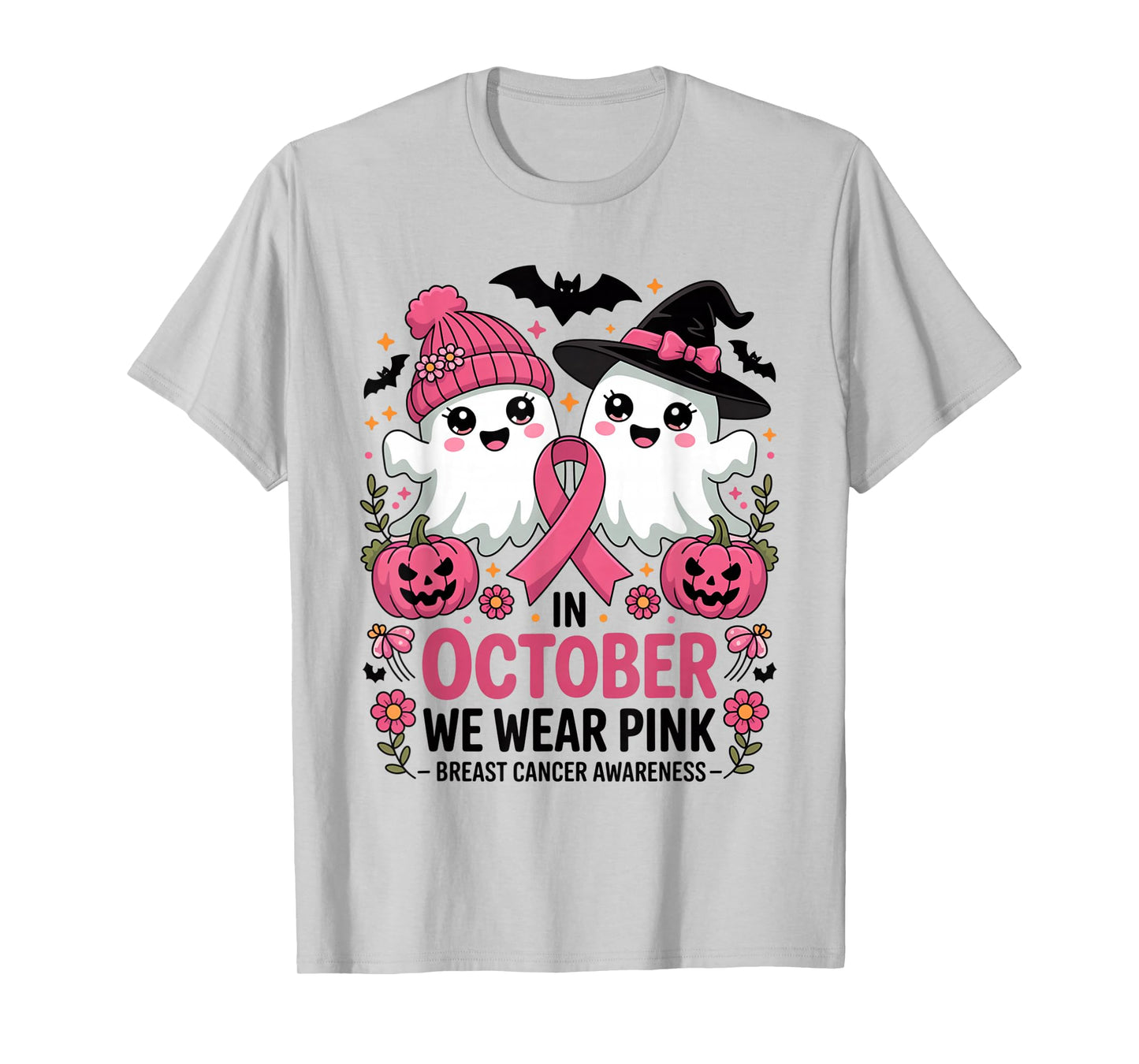 in October We Wear Pink Ghost Witch Breast Cancer Awareness T-Shirt