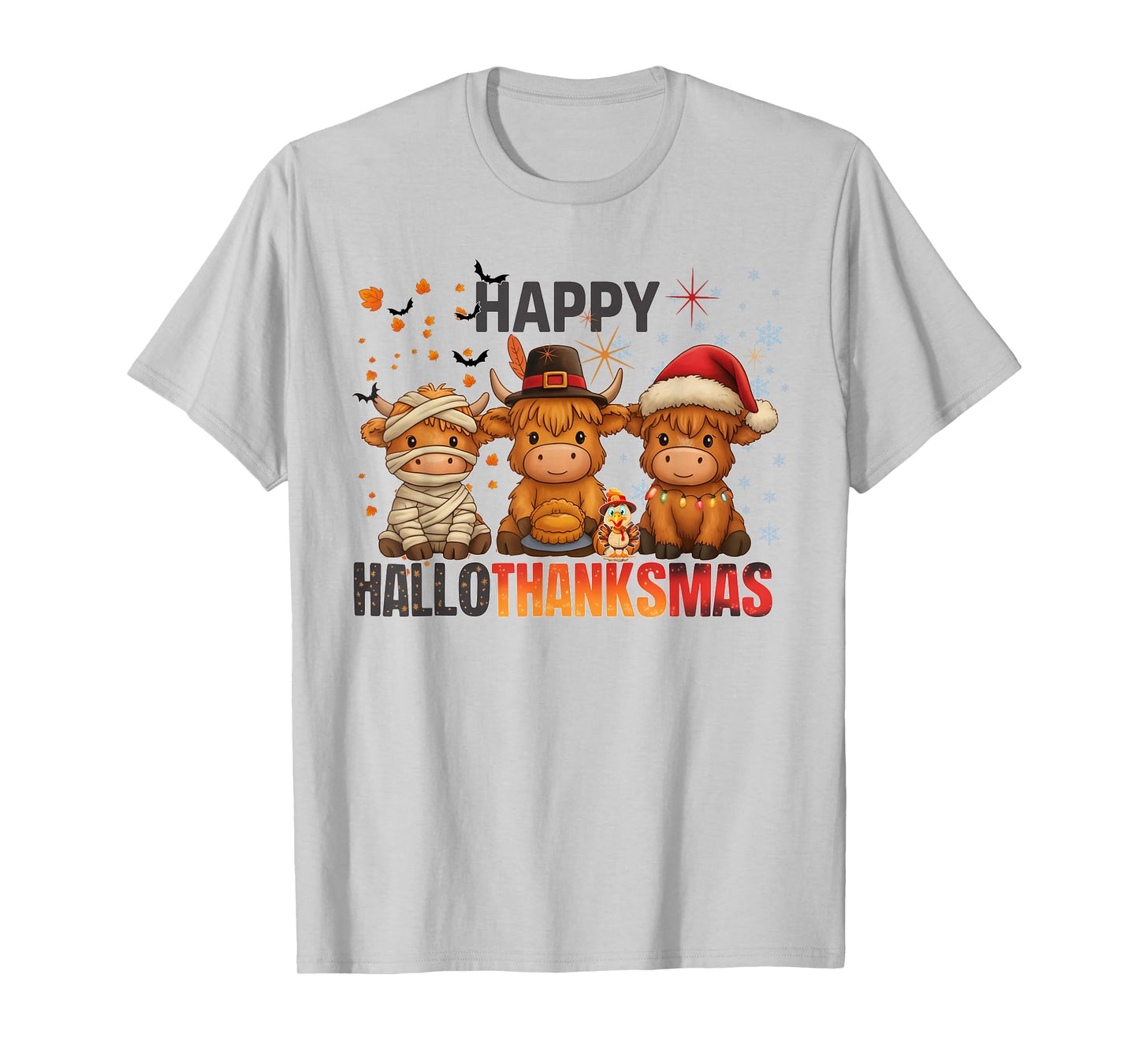 Happy Hallothanksmas Highland Cow Halloween Merry Christmas T-Shirt