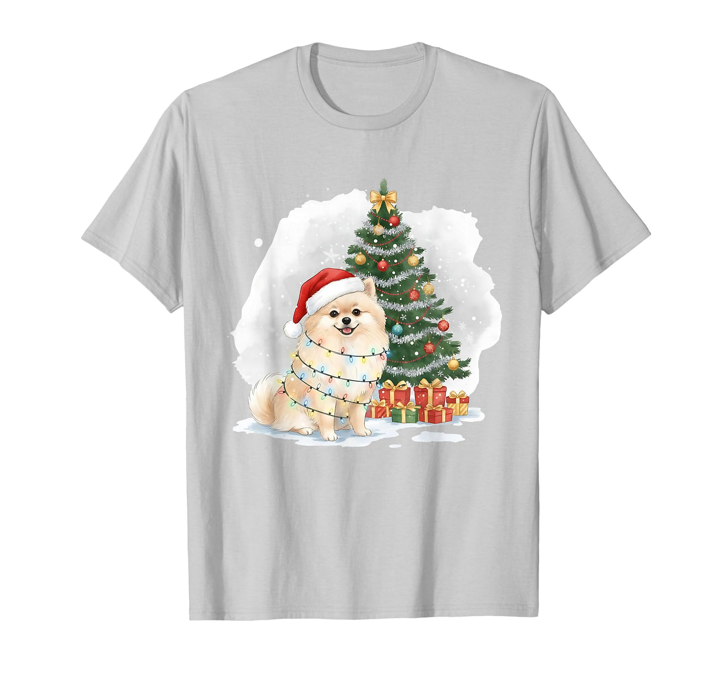 Cute Santa Pomeranian Dog Tangled in Christmas Lights Winter T-Shirt