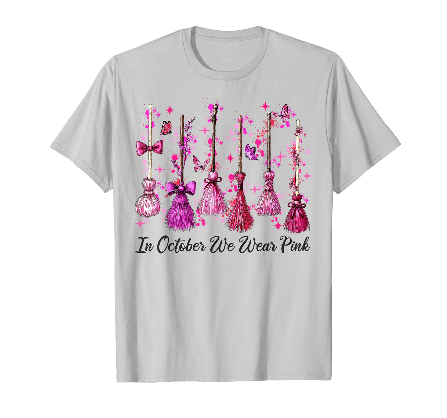 in October We Wear Pink Witch Broom Halloween Breast Cancer T-Shirt