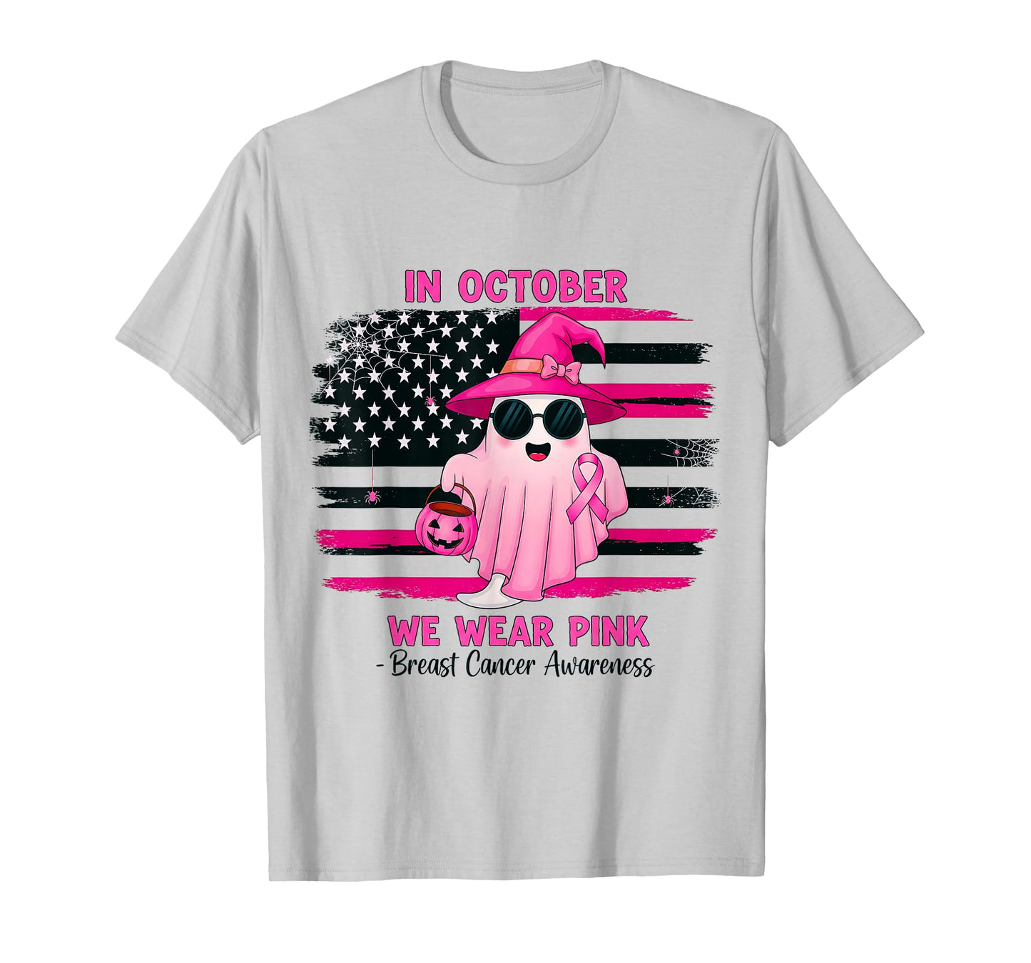 in October We Wear Pink Ghost Witch Breast Cancer Awareness T-Shirt