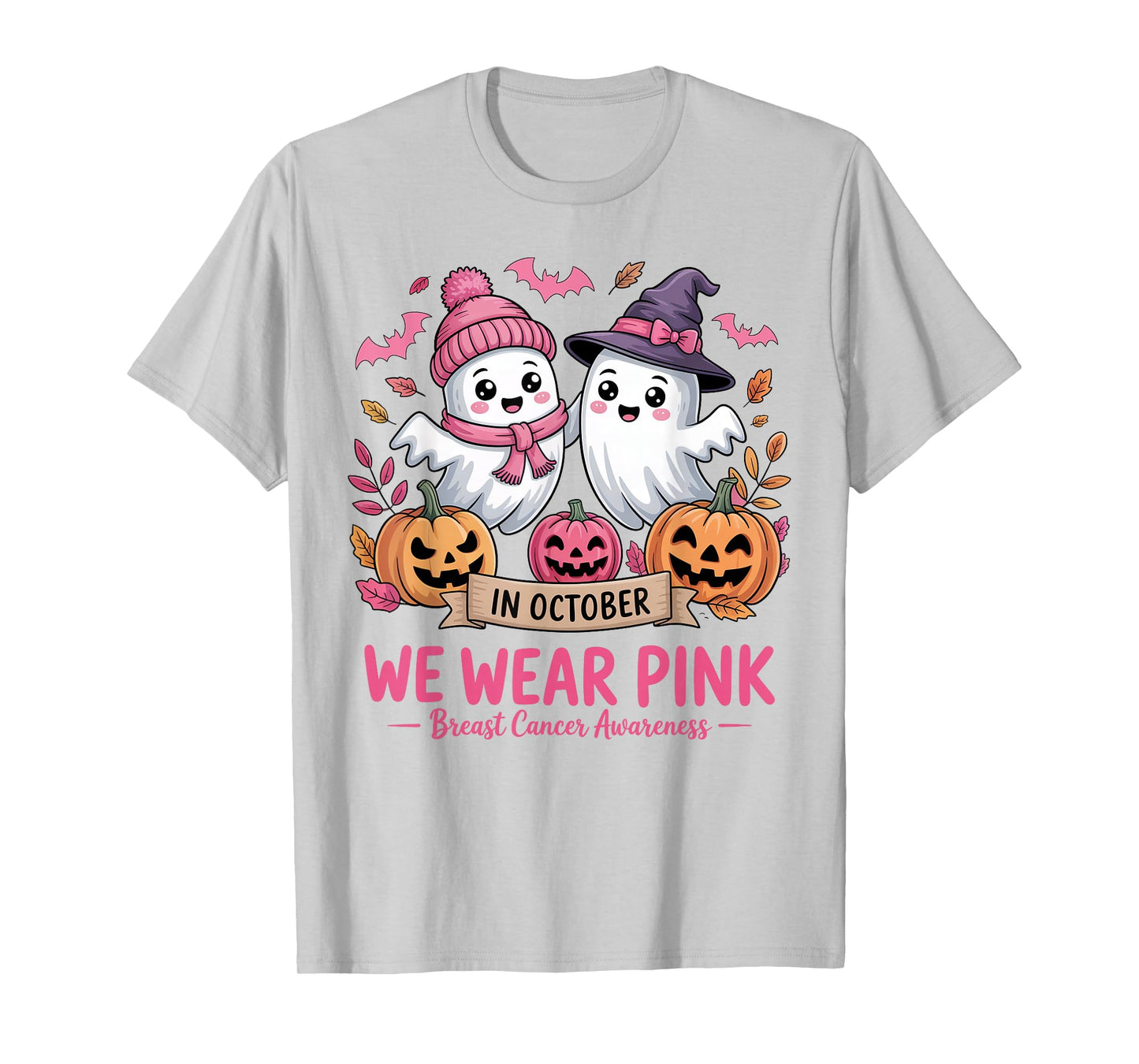 in October We Wear Pink Ghost Witch Breast Cancer Awareness T-Shirt