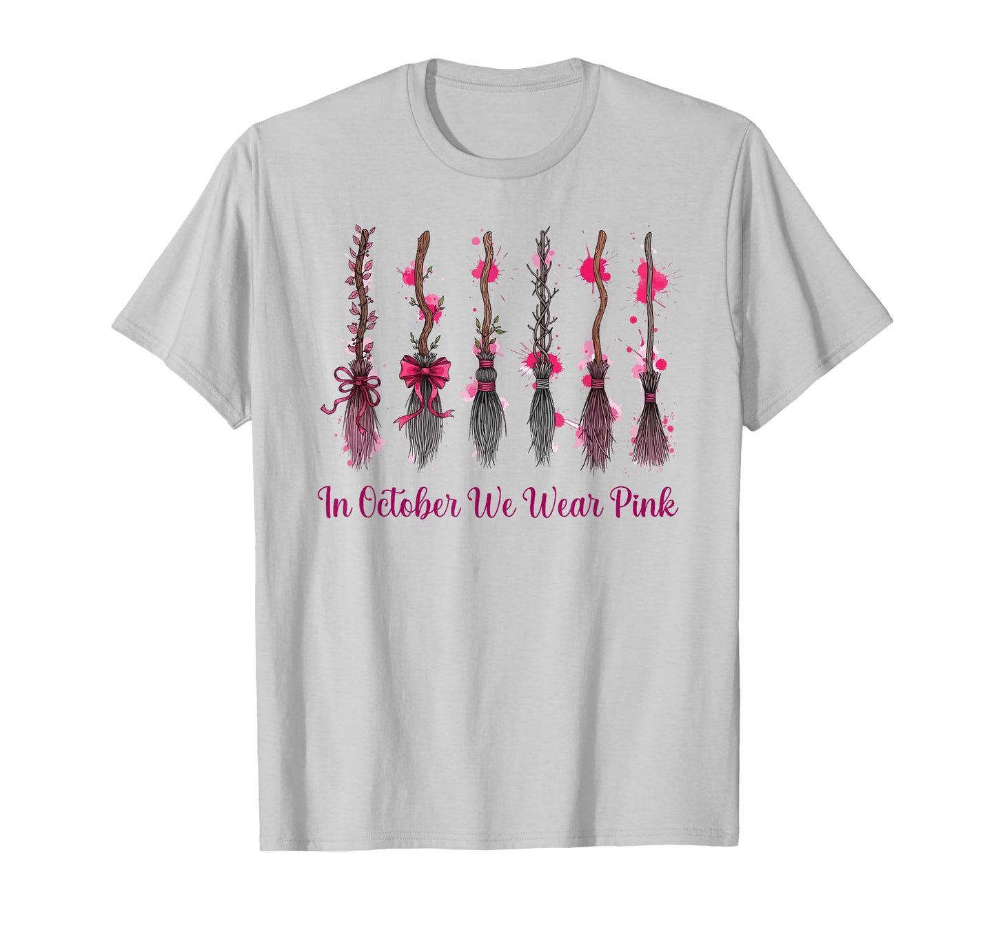 in October We Wear Pink Witches Brooms Spooky Breast Cancer T-Shirt