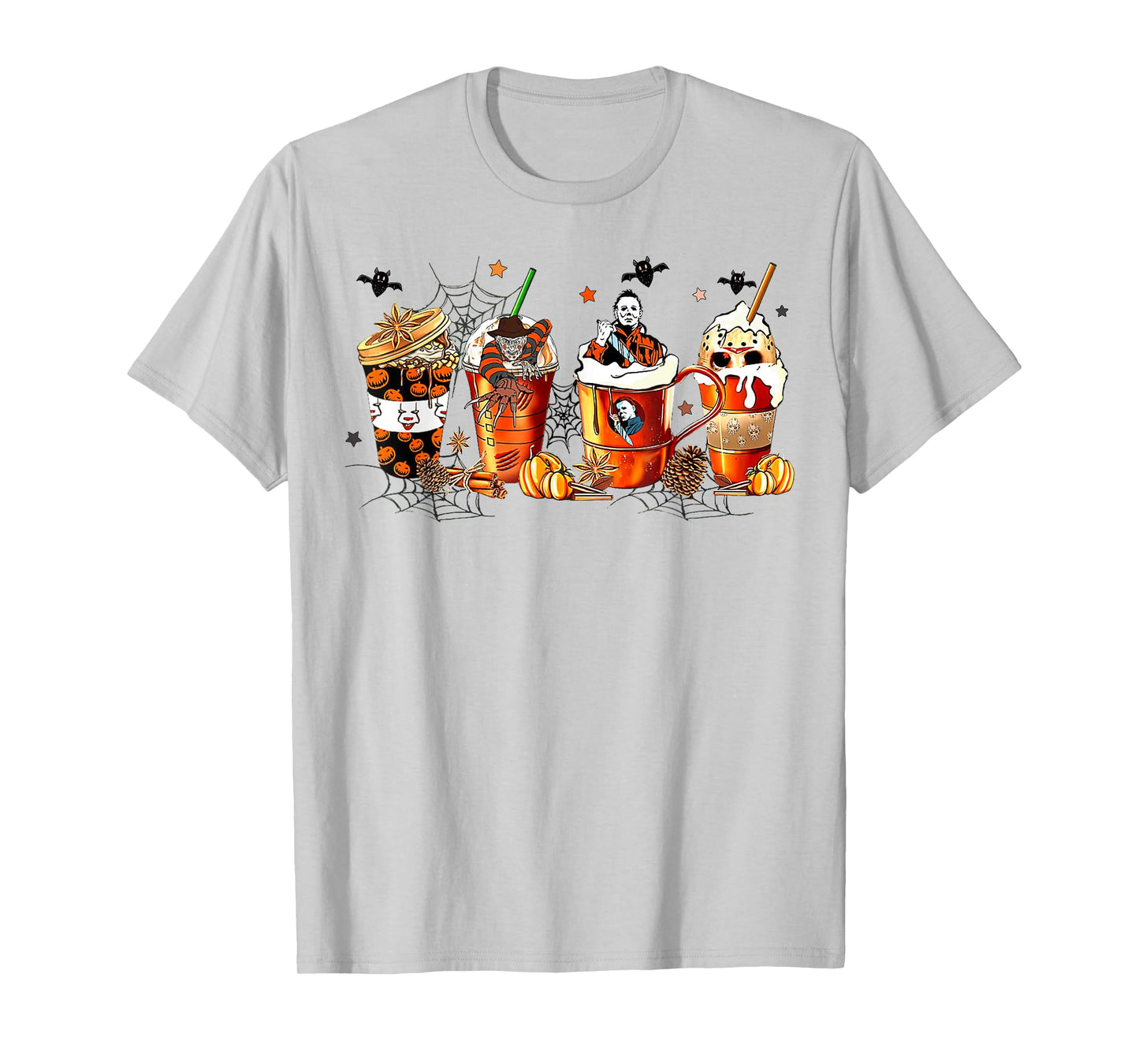 Vintage Halloween Horror Latte Coffee Cups Ghost Skeleton T-Shirt
