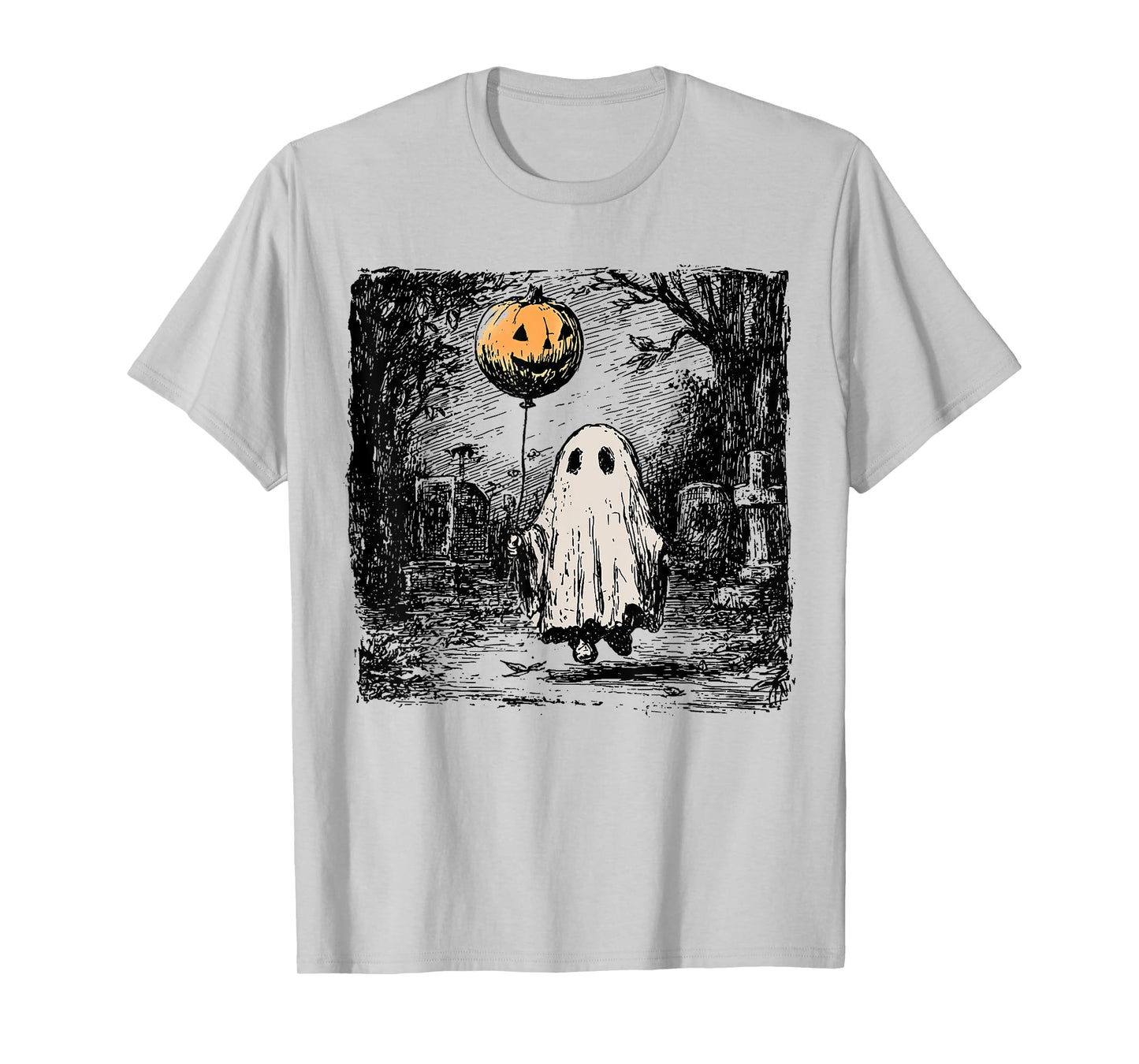 Horror Ghost Holding Pumpkin Bubble Brush Vintage Halloween T-Shirt