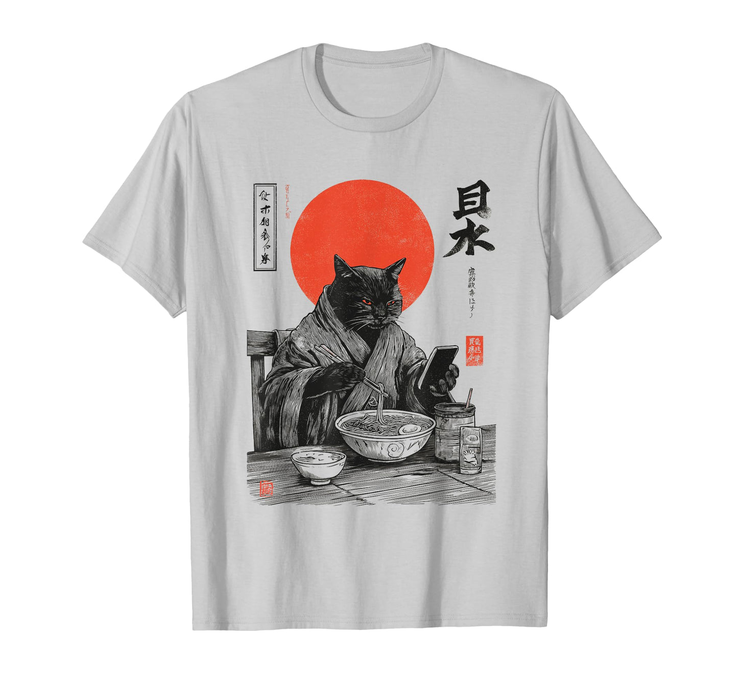 Samurai Cat Eat Ramen Scroll Phone Japanese Food Humor Art T-Shirt