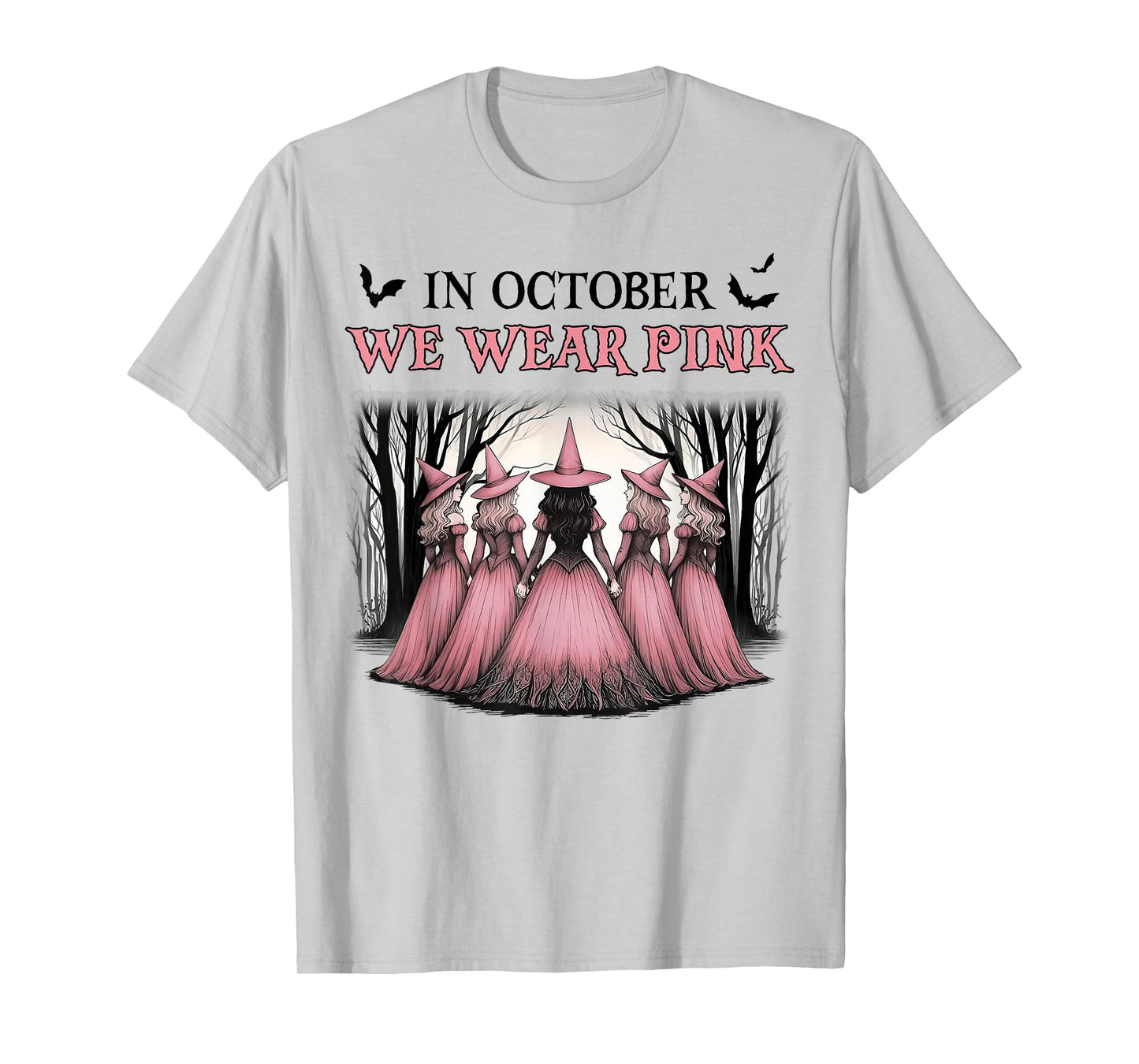 in October We Wear Pink Witch Halloween Breast Cancer Women T-Shirt