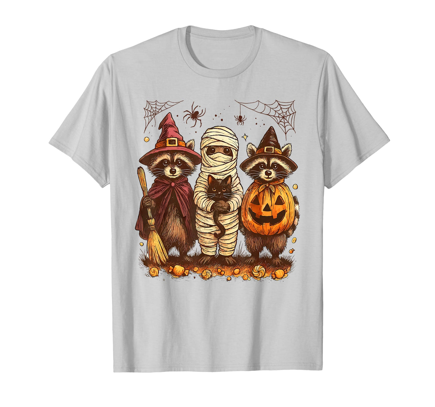 Retro Racoon Witch Scary Halloween Pumpkin Women Men Kids T-Shirt