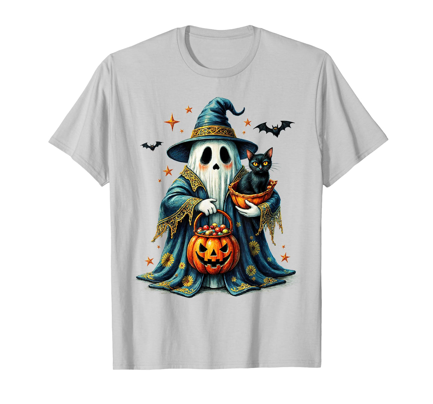 Ghost Holding Black Cat Lover Halloween 2025 Groovy Floral T-Shirt
