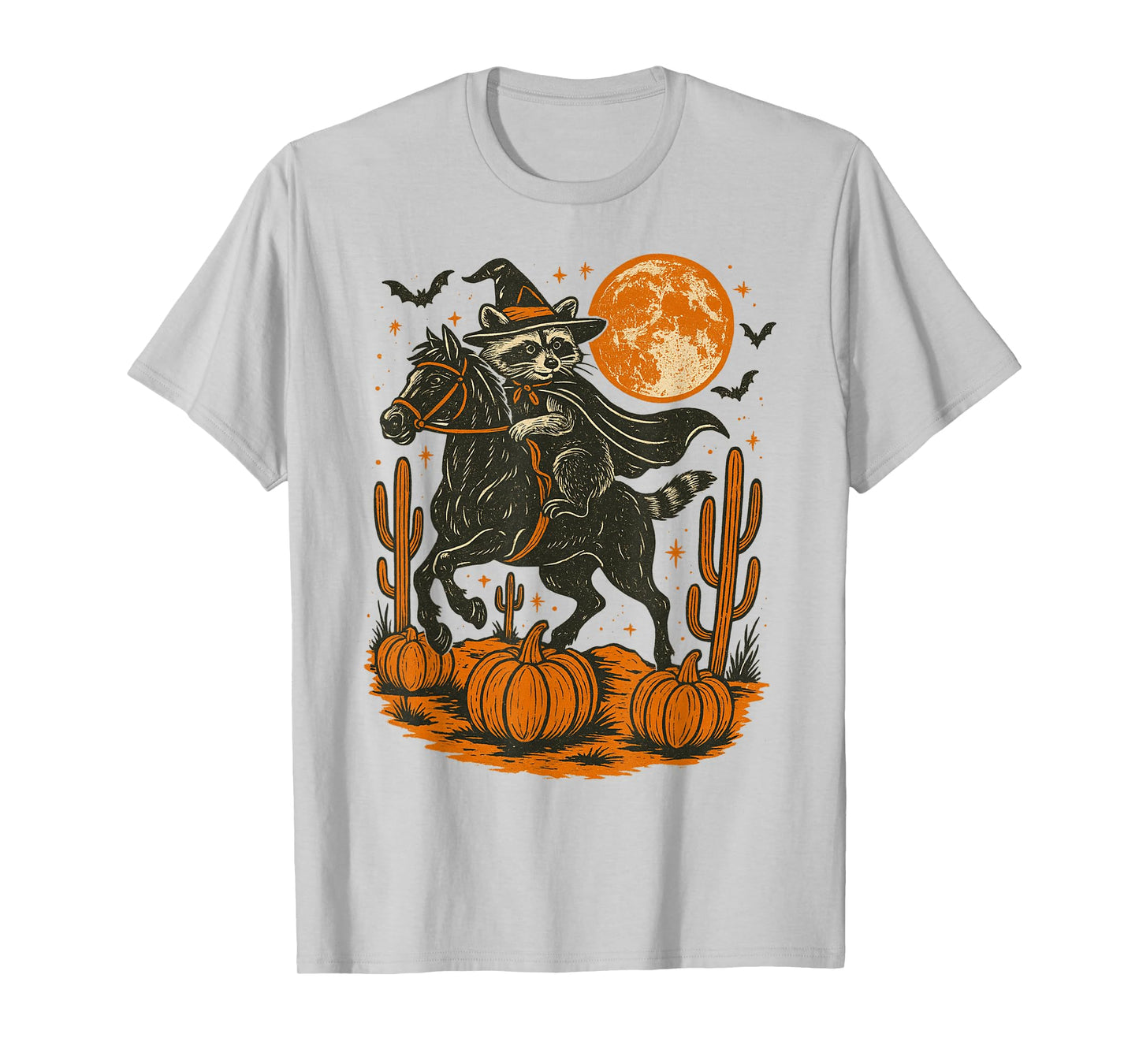 Witch Raccoon Riding Horse Halloween Pumpkin Moon Western T-Shirt