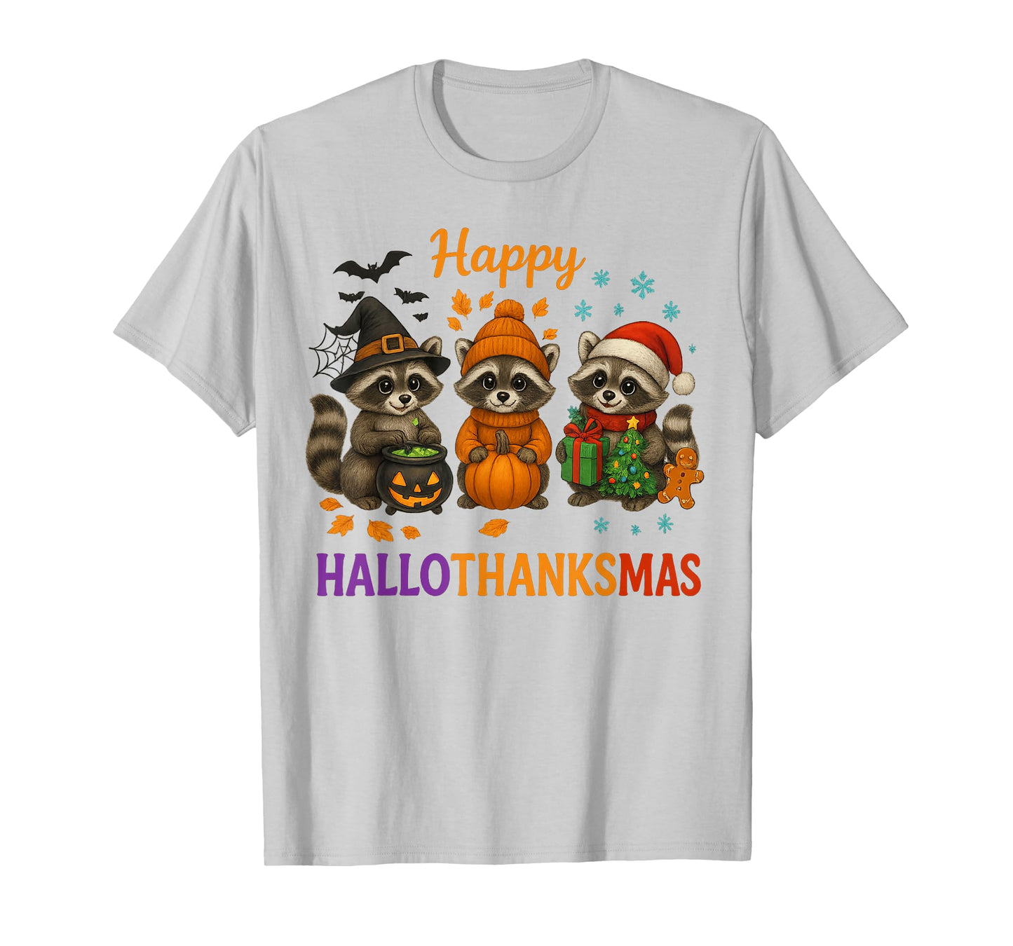 Happy Hallothanksmas Raccoon Halloween Christmas Thanksgivin T-Shirt