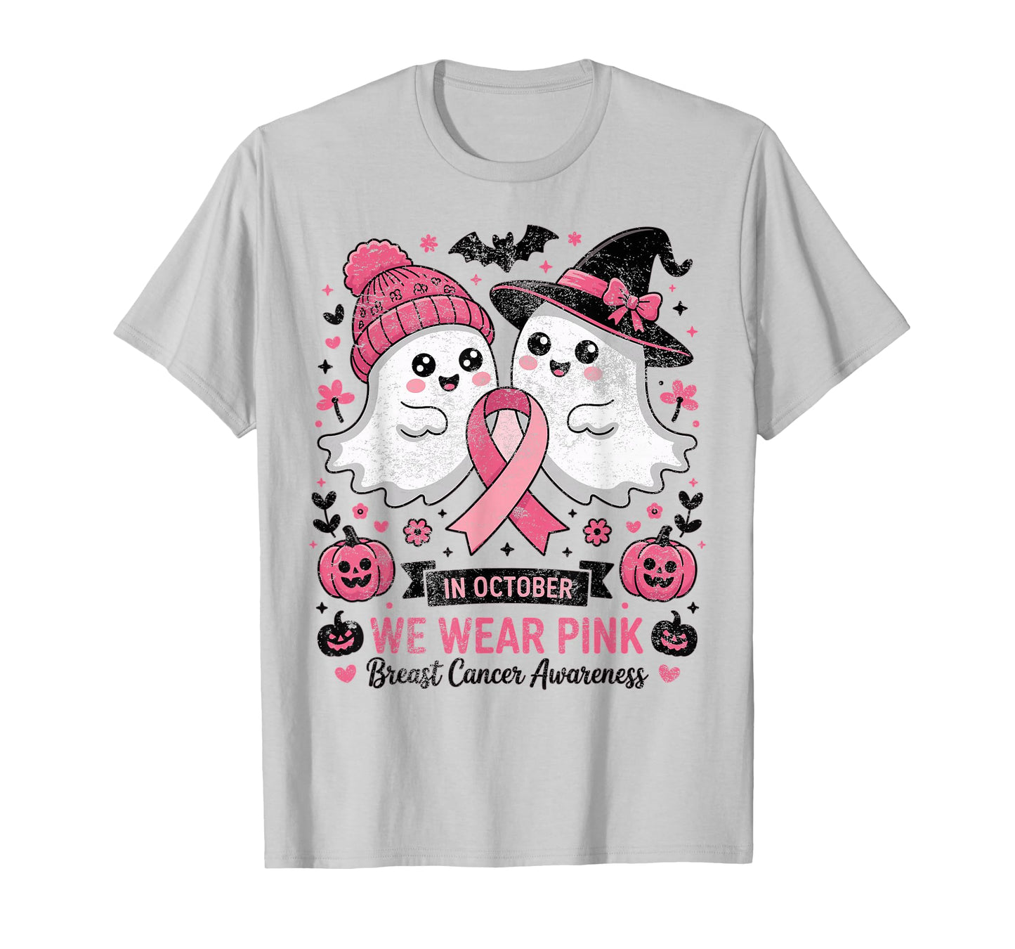 in October We Wear Pink Ghost Witch Breast Cancer Awareness T-Shirt