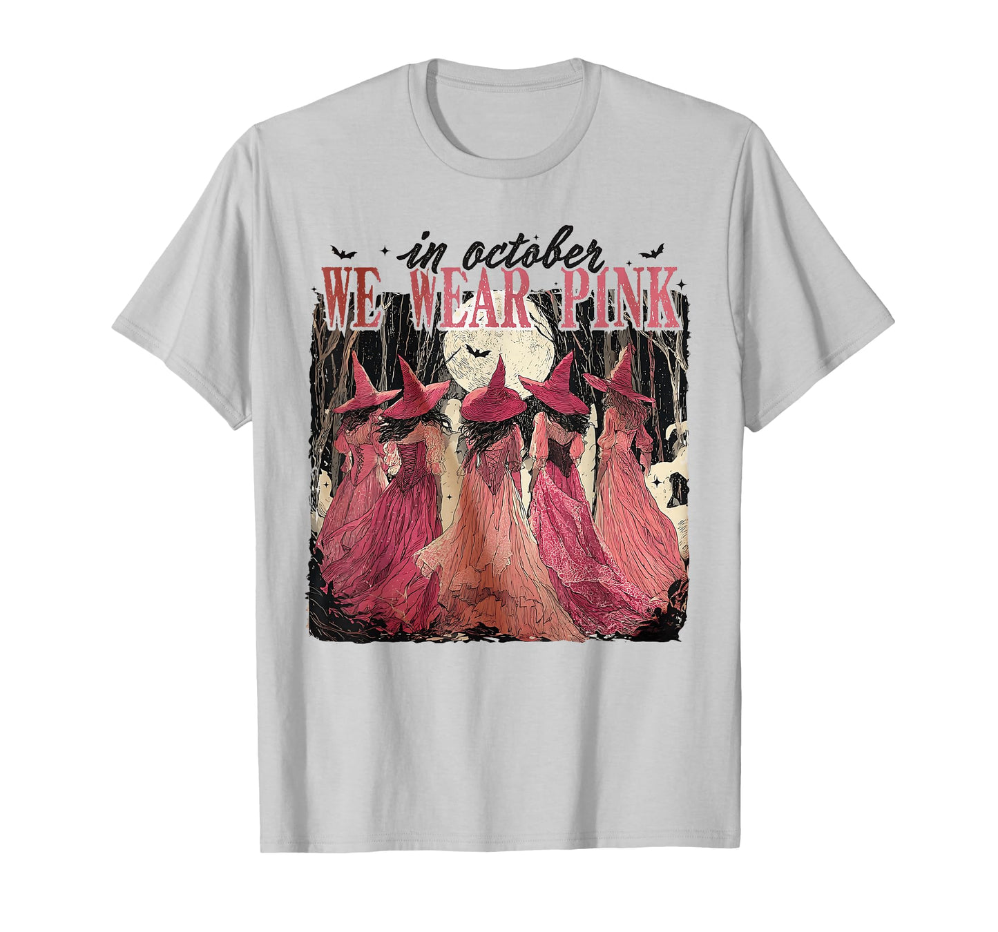 in October We Wear Pink Witch Halloween Breast Cancer Women T-Shirt