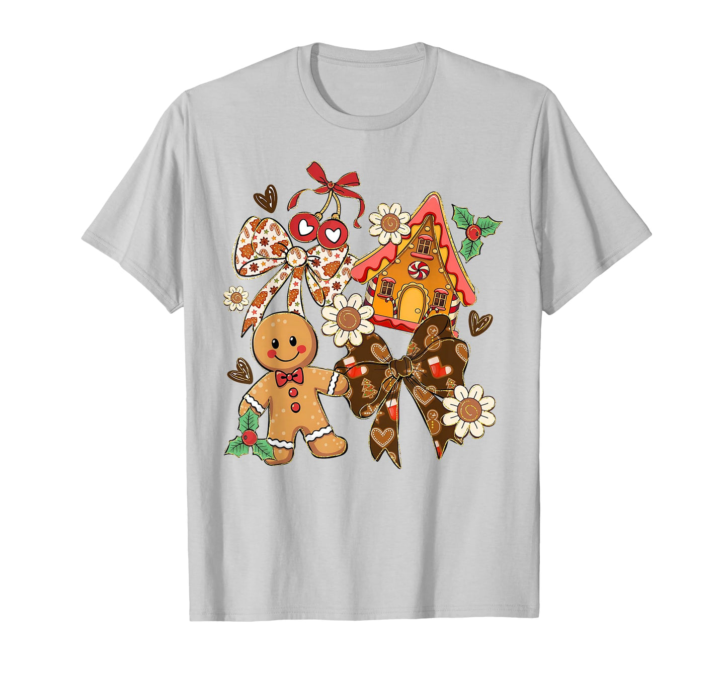 Preppy Christmas Gingerbread Floral Coquette Bow Cute Xmas T-Shirt