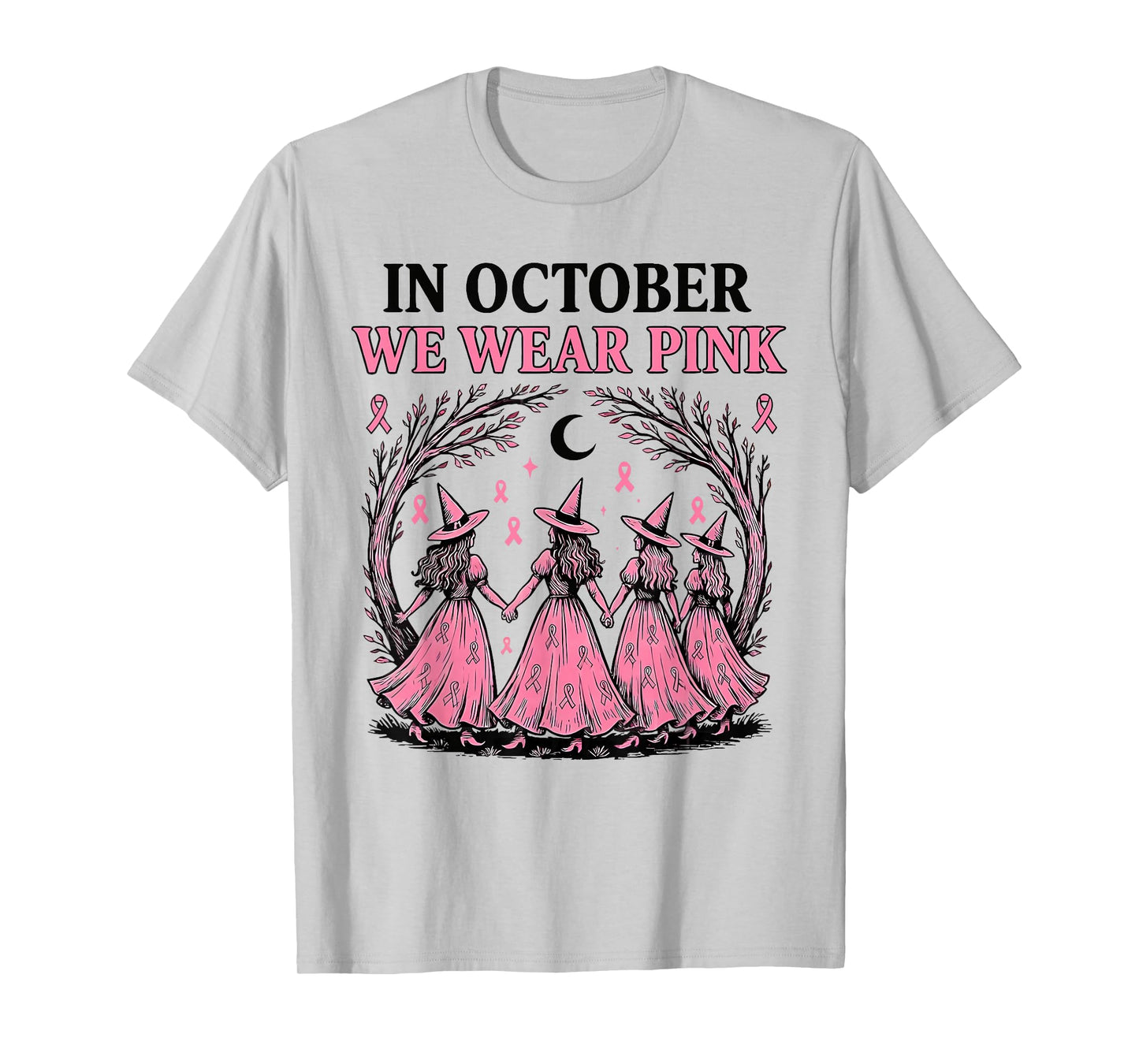in October We Wear Pink Witch Halloween Breast Cancer T-Shirt