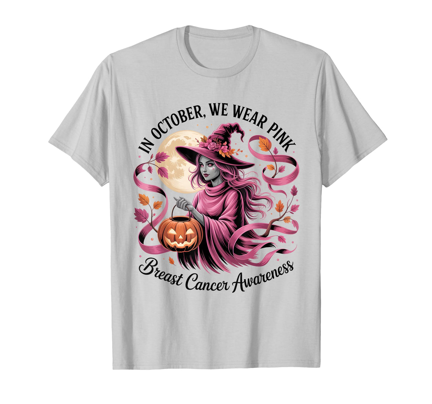 in October We Wear Pink Ribbon Halloween Ghost Witch T-Shirt