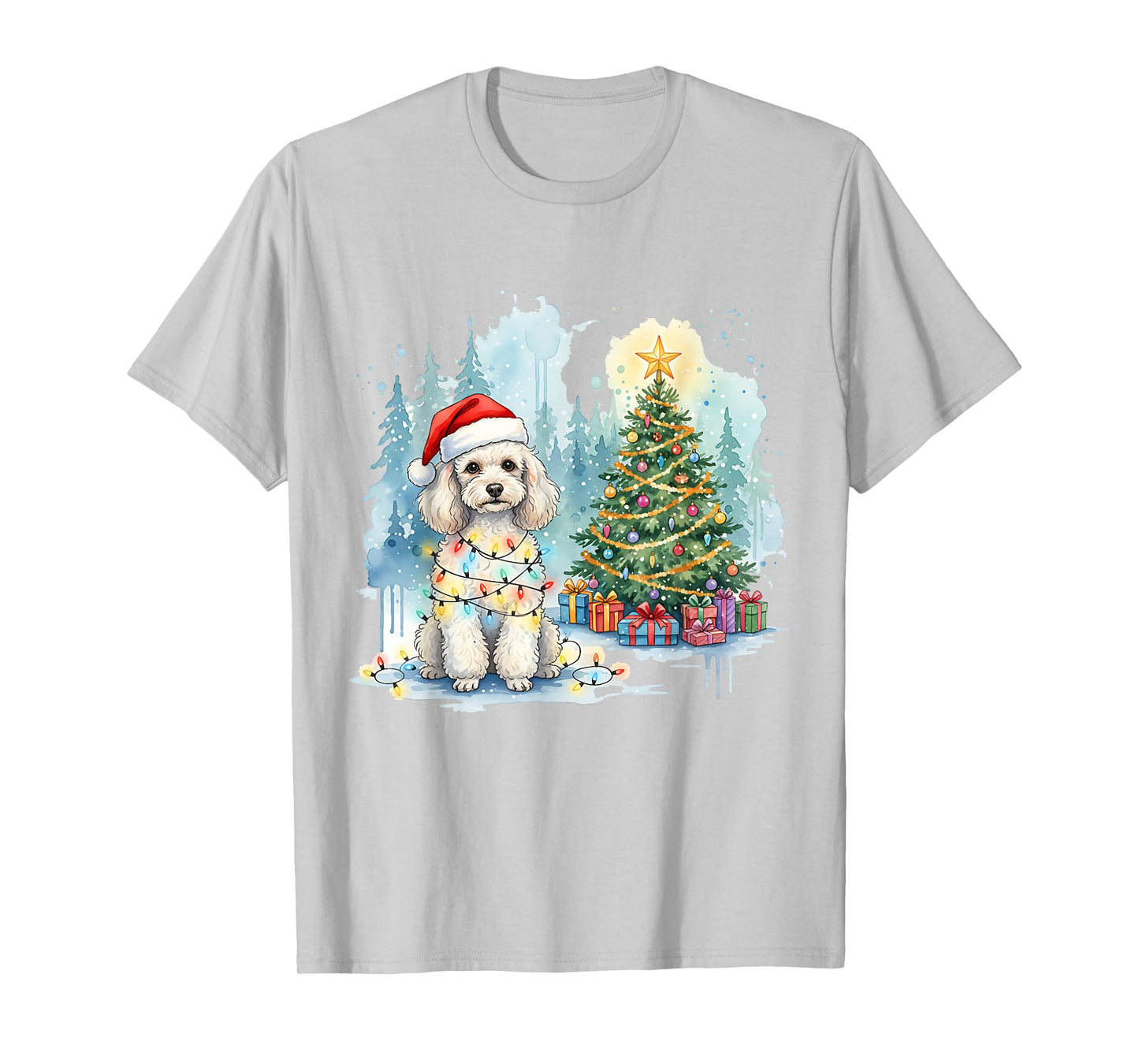 Festive Fluffy Poodle Christmas Santa Hat and Lights Winter T-Shirt