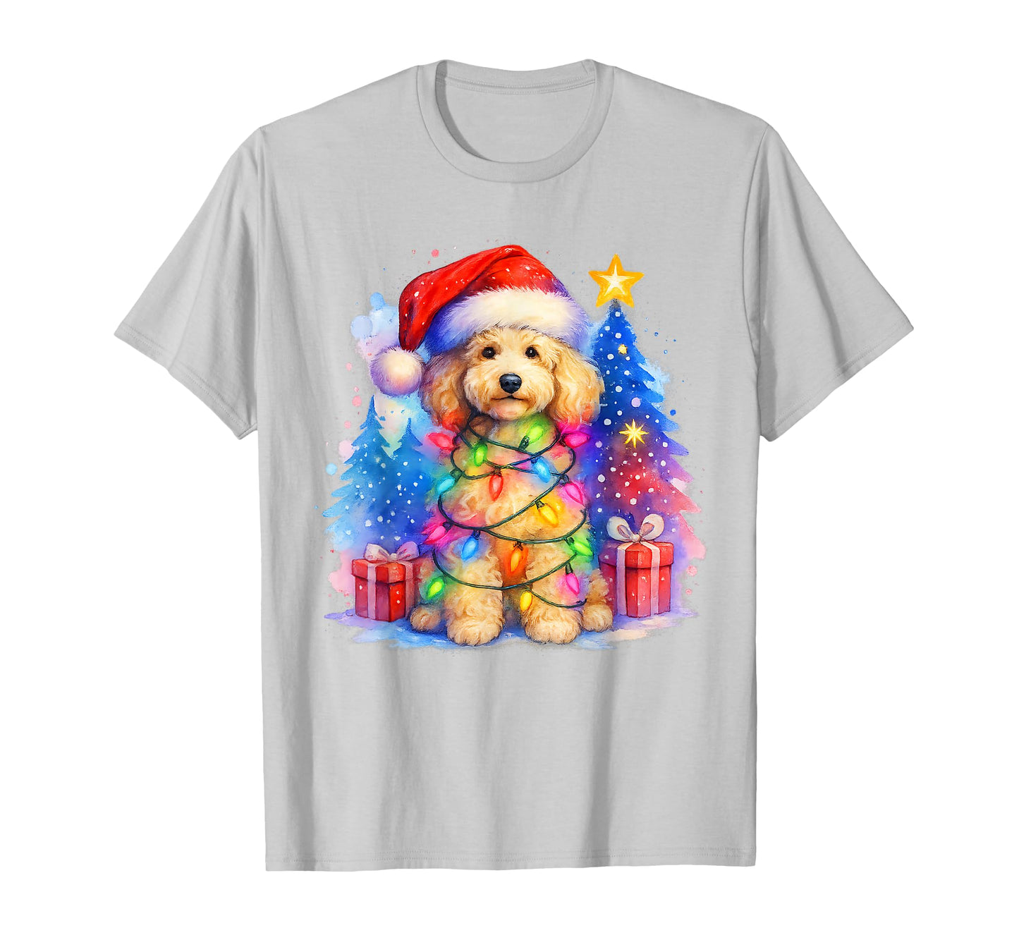 Festive Fluffy Poodle Christmas Santa Hat and Lights Winter T-Shirt