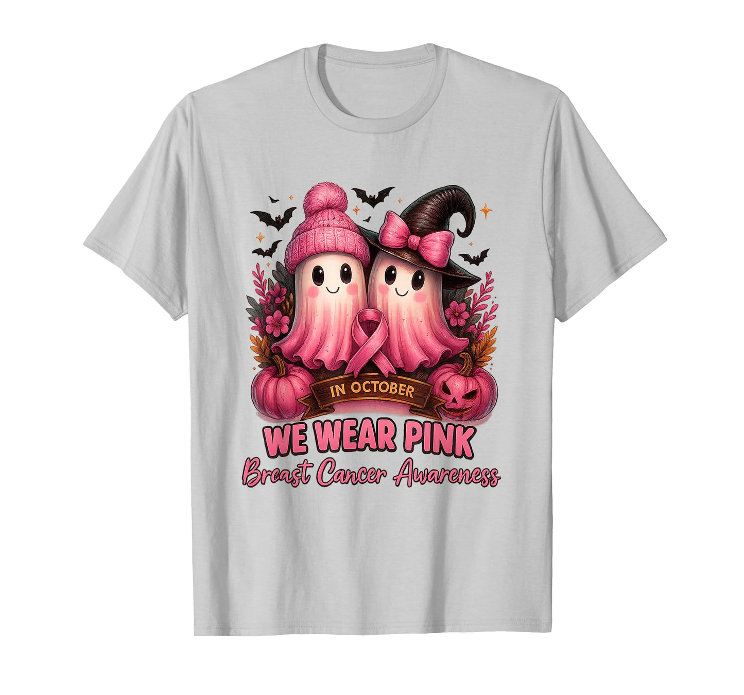 in October We Wear Pink Witch Ghost Breast Cancer Awareness T-Shirt