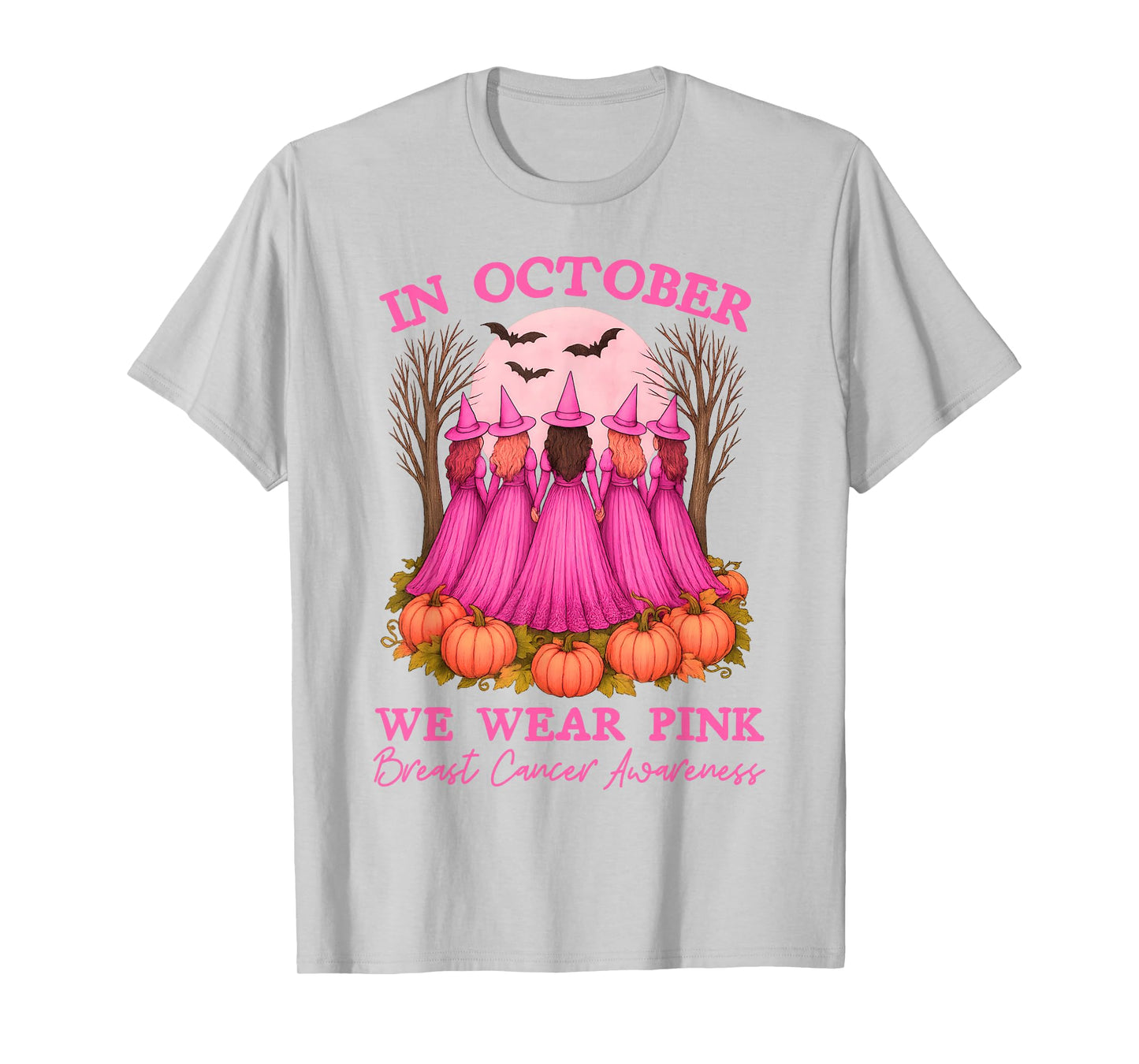 in October We Wear Pink Witch Breast Cancer Awareness Girl T-Shirt