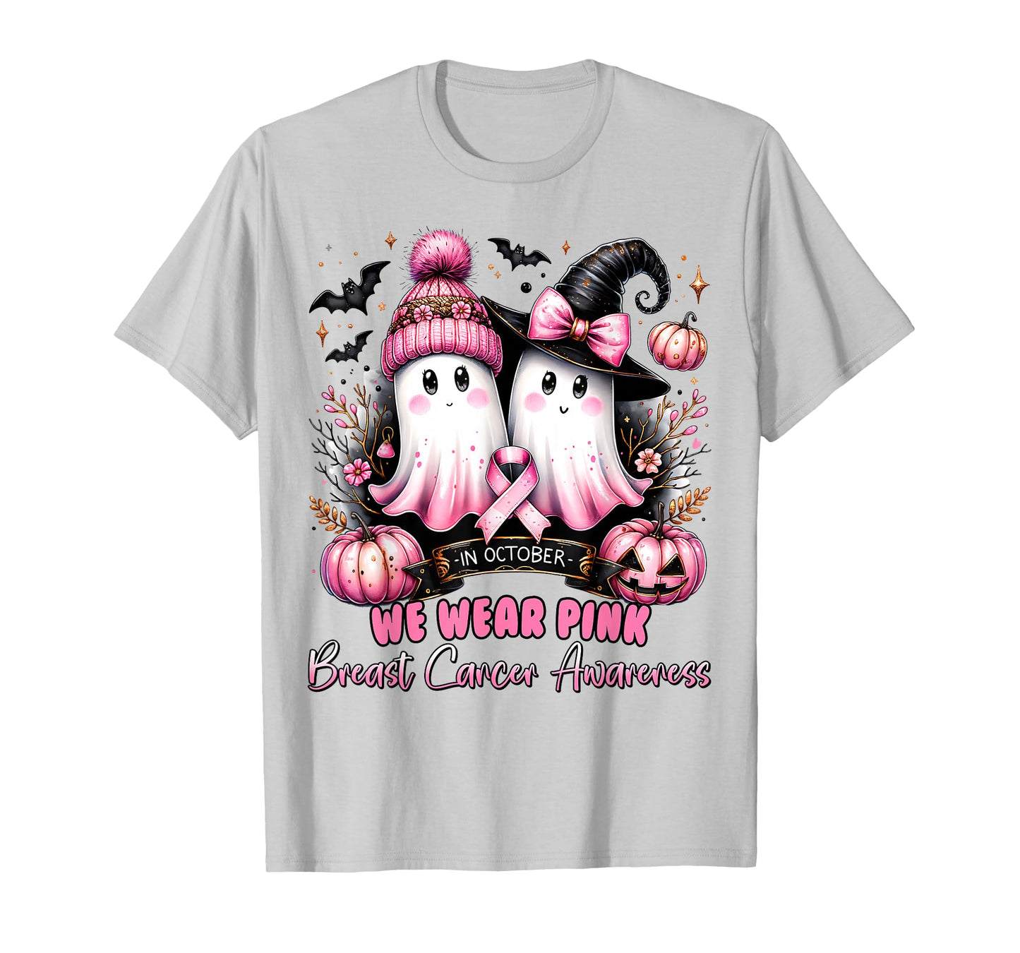 In October We Wear Pink Ghost Witch Breast Cancer Awareness T-Shirt