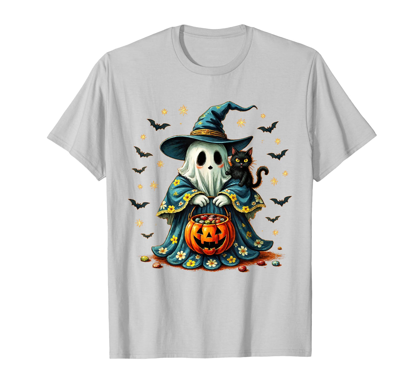 Halloween 2025 Ghost Holding Black Cat Groovy Floral Vintage T-Shirt