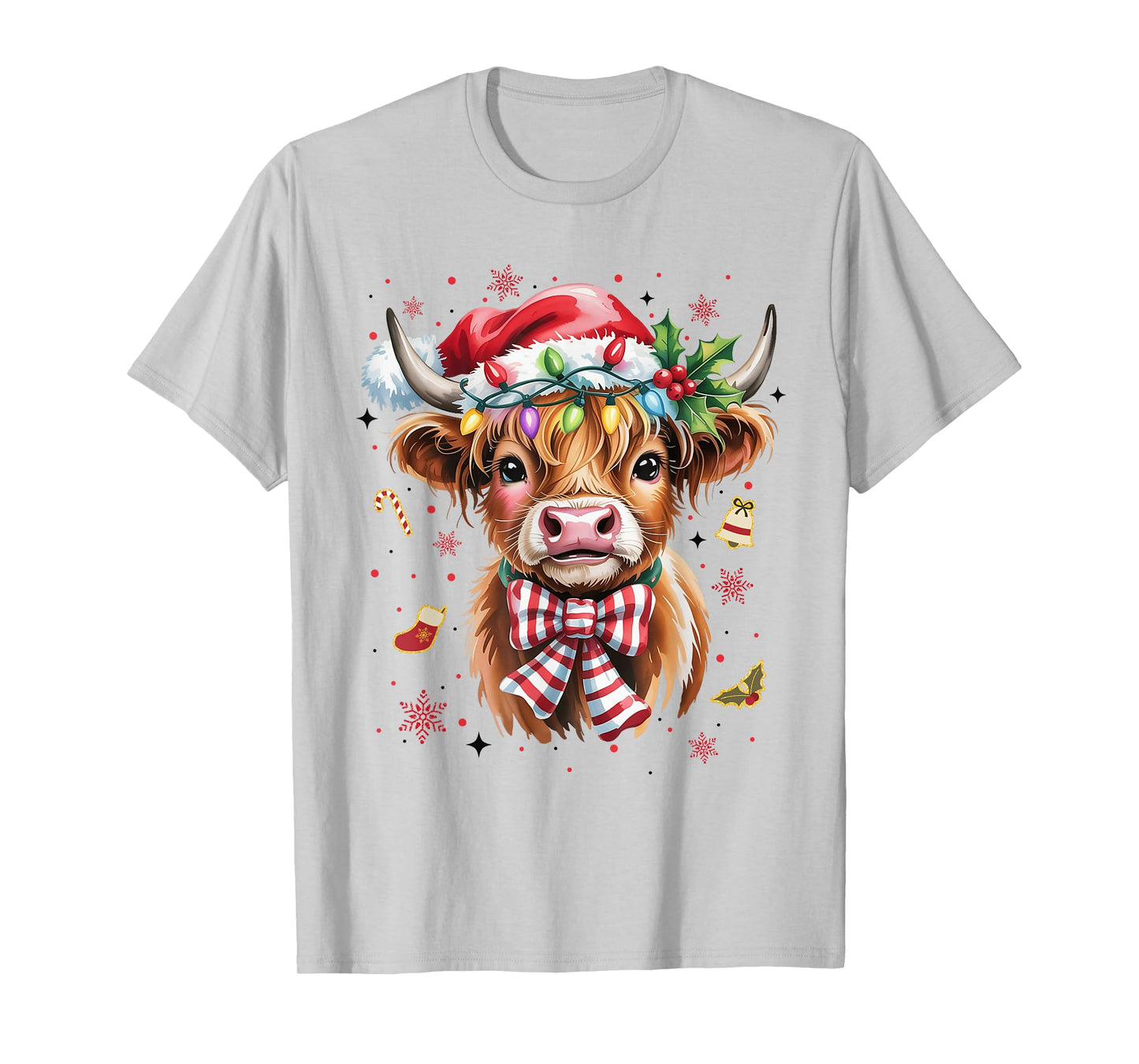 Christmas Western Highland Cow Santa Xmas Coquette Bow T-Shirt
