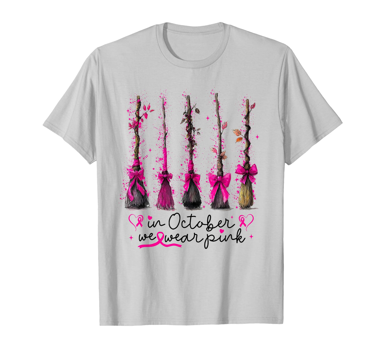 in October We Wear Pink Witches Brooms Spooky Breast Cancer T-Shirt