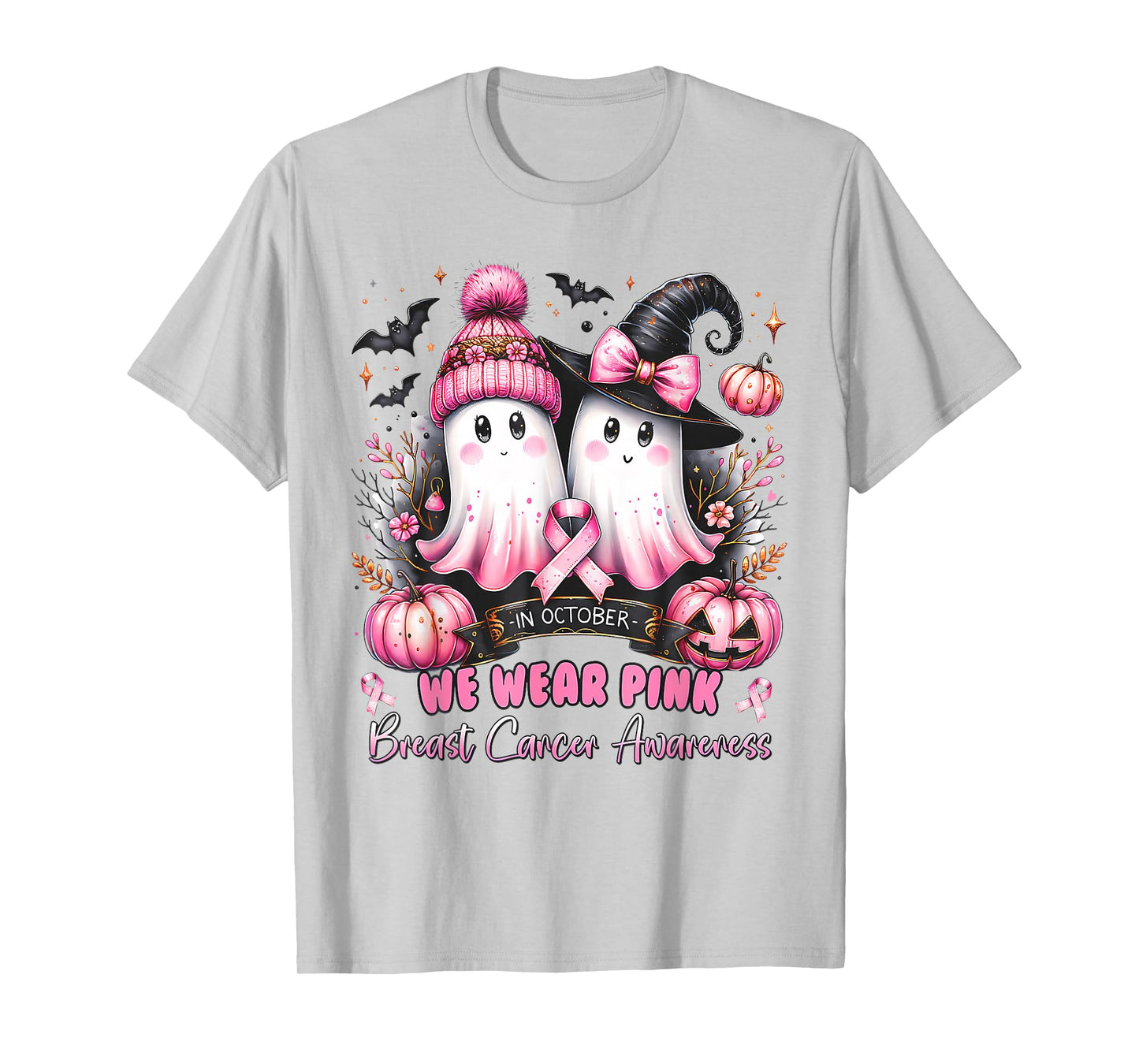 in October We Wear Pink Ghost Witch Breast Cancer Awareness T-Shirt