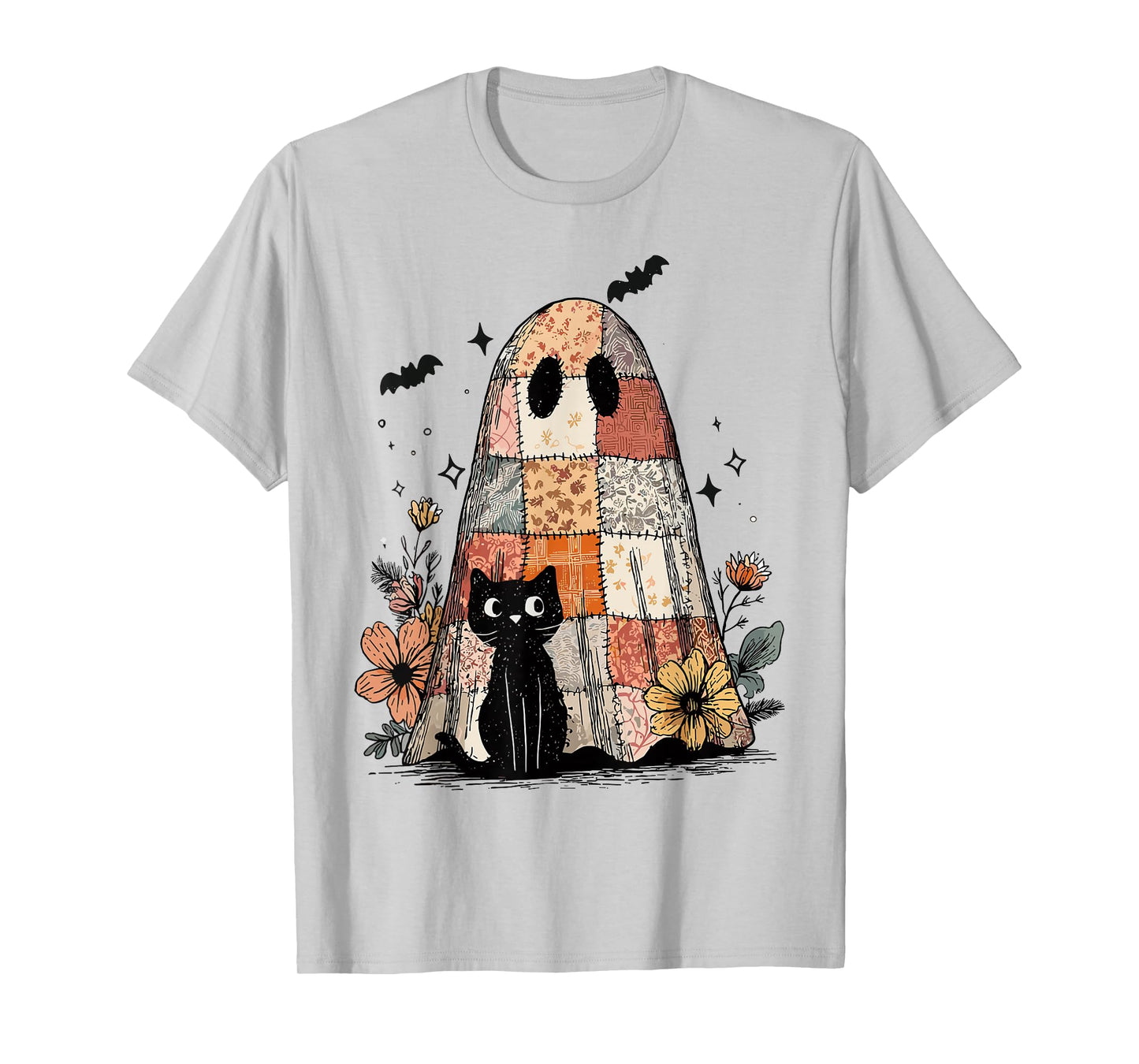 Retro Patchwork Ghost and Cat Floral Hallowee Spooky Season T-Shirt