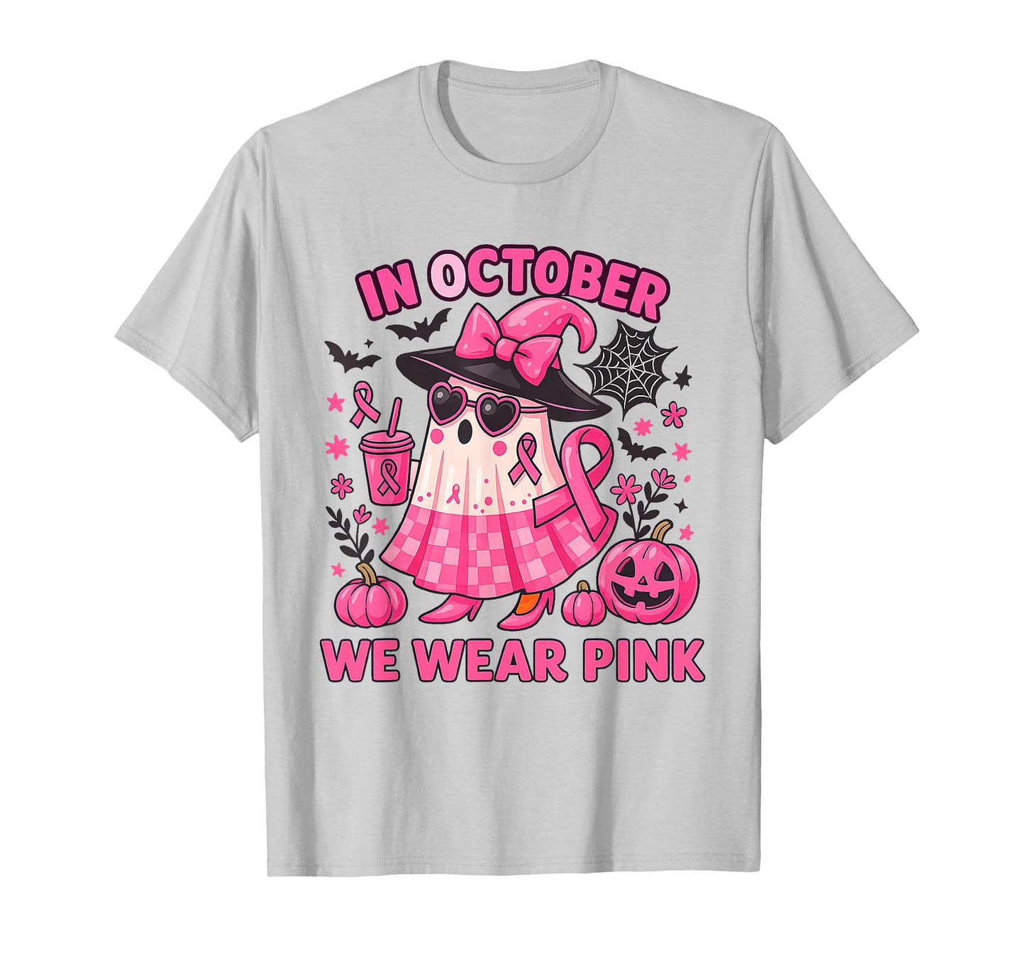 in October We Wear Pink Ghost Witch Breast Cancer Awareness T-Shirt
