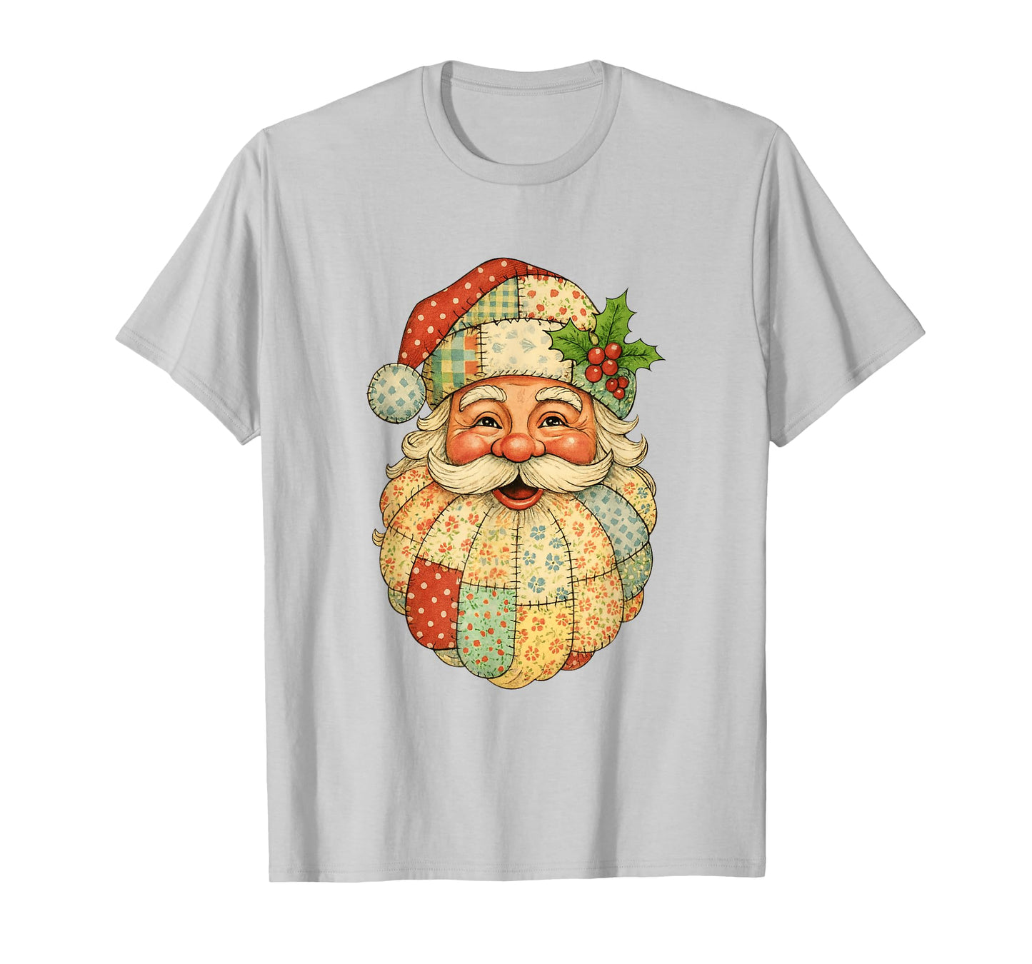 Retro Graphic Patchwork Santa Claus Face Preppy Xmas Pajama T-Shirt