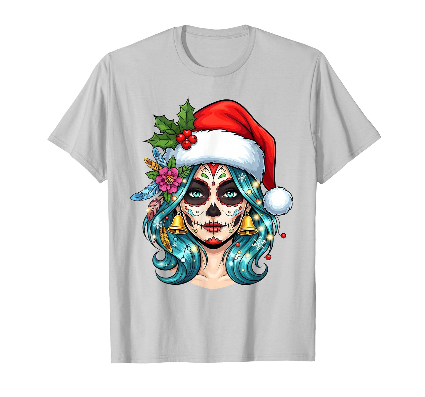 Christmas Sugar Skull Art Woman Santa Hat Festive Design T-Shirt
