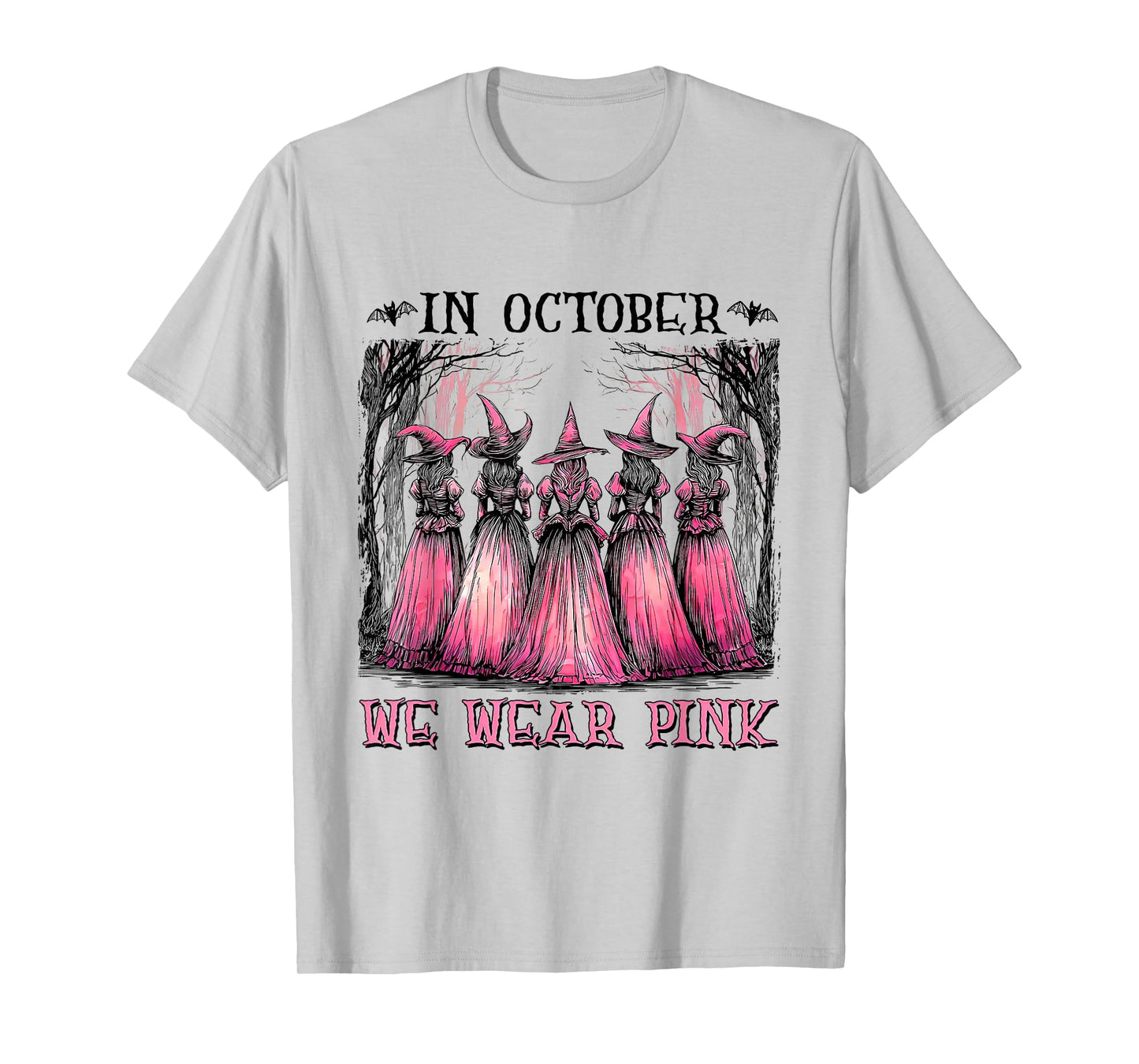in October We Wear Pink Ribbon Witch Halloween Breast Cancer T-Shirt
