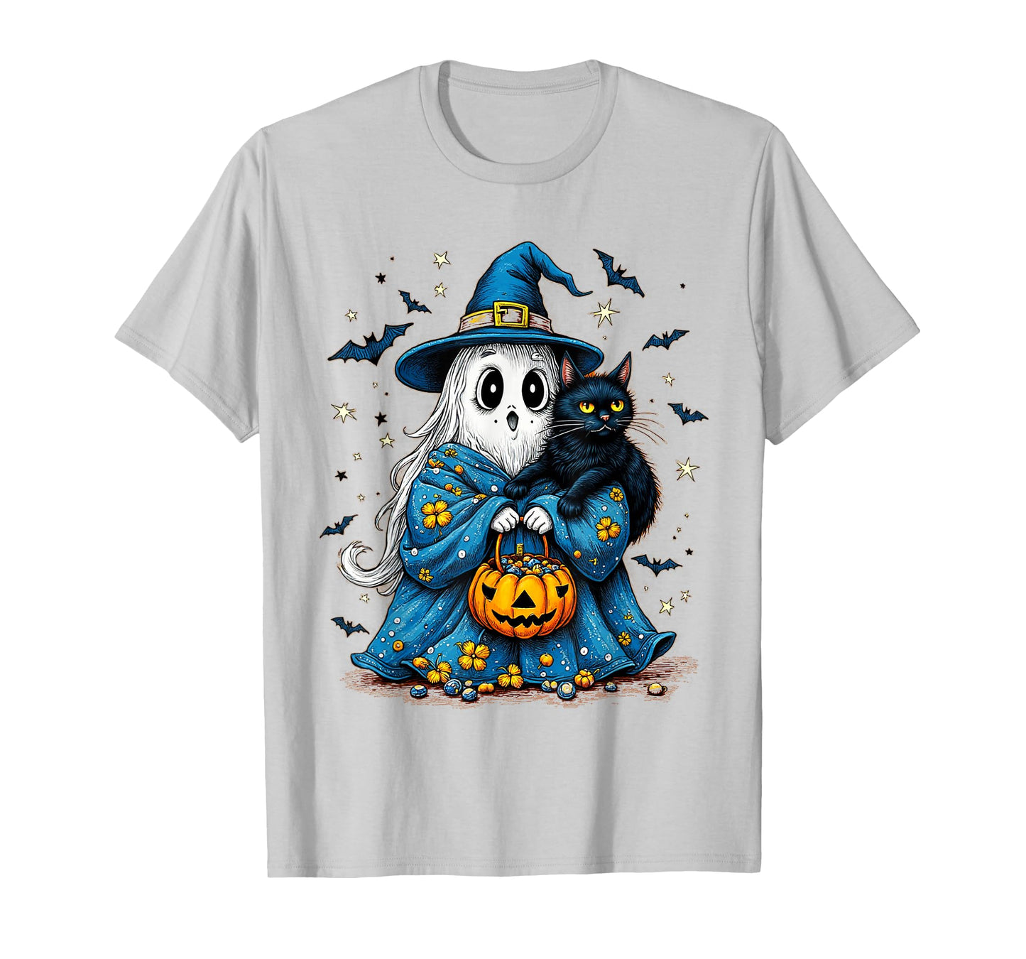 Halloween 2025 Ghost Holding Black Cat Groovy Floral Vintage T-Shirt