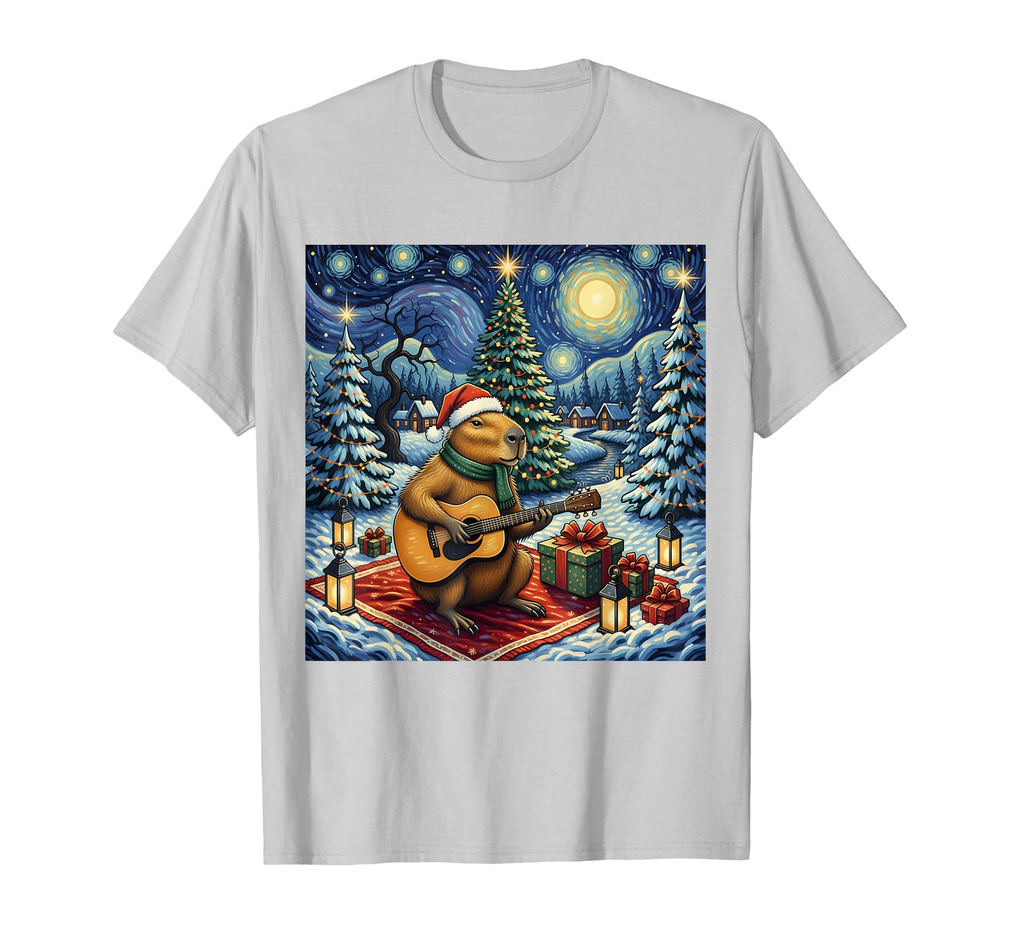 Capybara Playing The Guitar Van Gogh Style Christmas Themed T-Shirt
