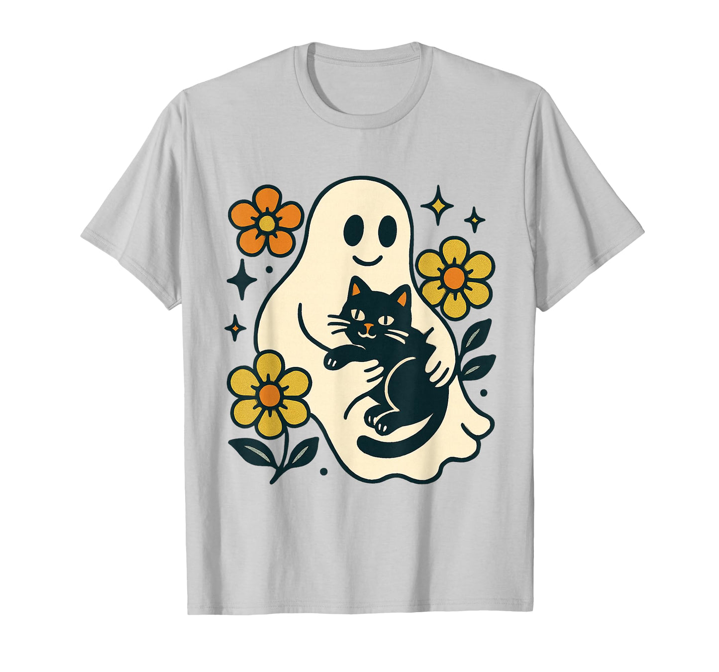 Vintage Halloween Ghost Holding Black Cat Groovy Floral T-Shirt