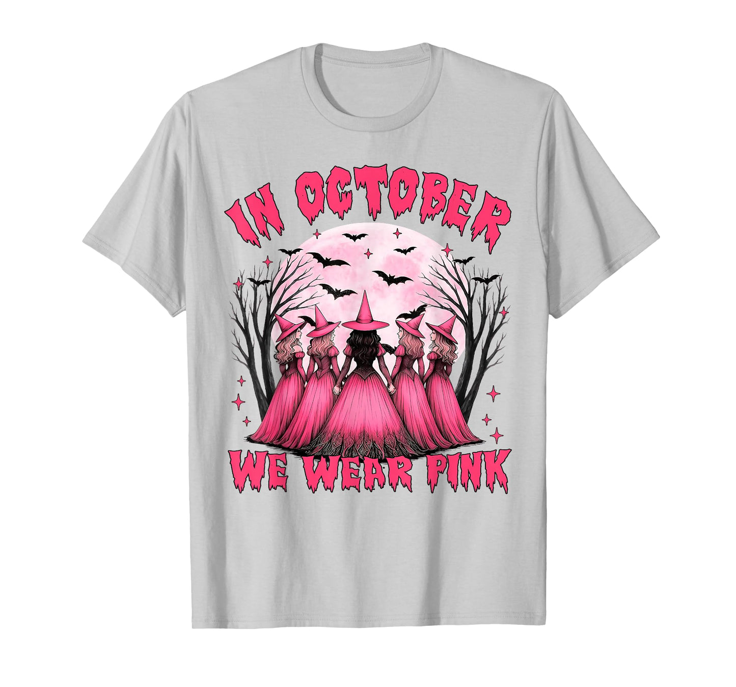 in October We Wear Pink Witch Halloween Breast Cancer Women T-Shirt